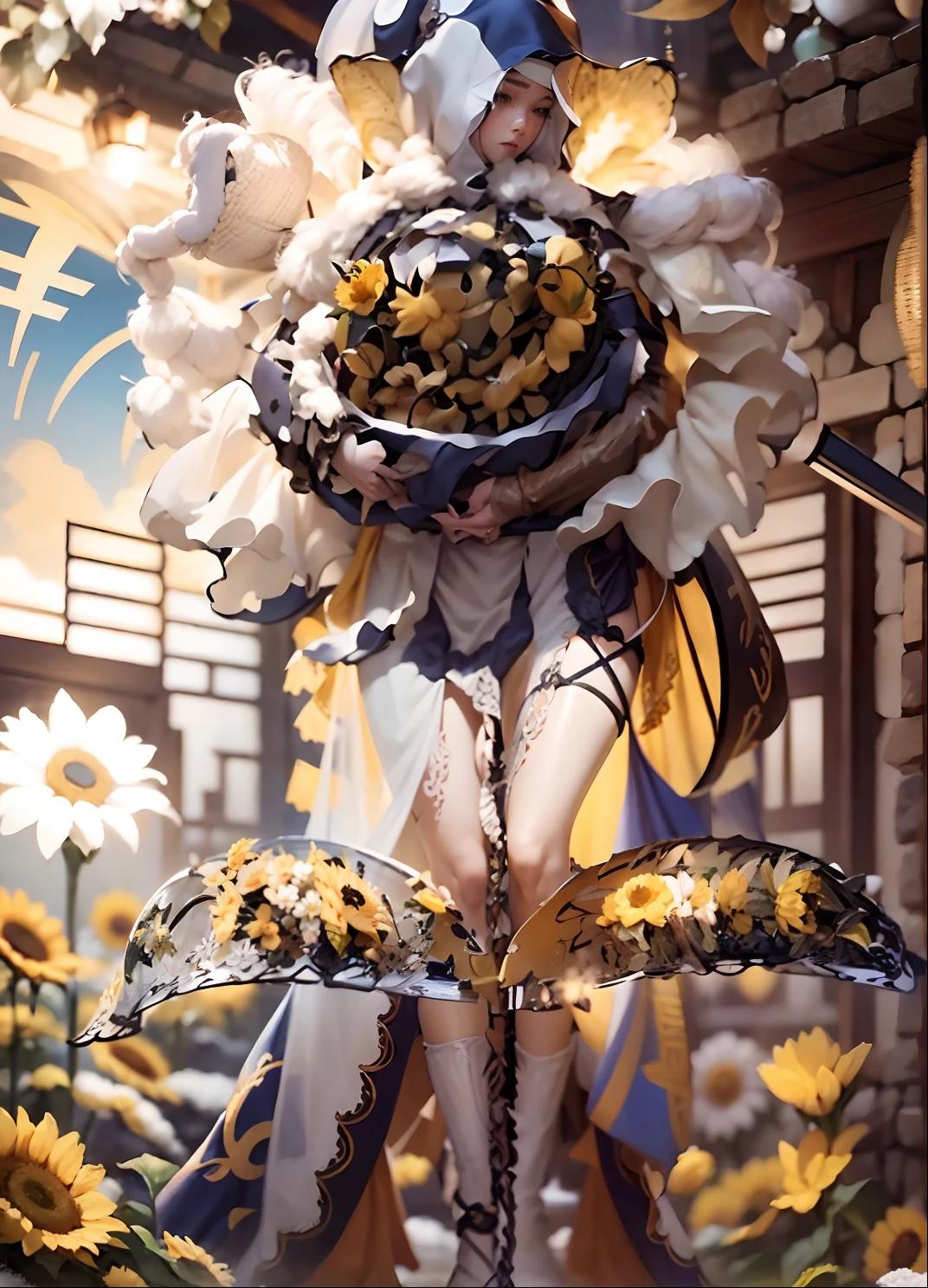 In a very grand scene,The extra-large wide-angle lens captures the appearance of a female centaur。She is a Sunflower Worship nun,Always opposed(Healing emoji smiley face of knitted sunflower puppet😊:99.99)DOA。She is tall,It has the ultimate curvy beauty,The muscles are slender and firm,Beautiful lines。She has(Super huge sky blue eyes:99.99)、always(Wearing sexy glasses:6.66)、(She wears solemn nun attire:9.9)、Stepping on a boot-style skyscraper-heel、A pink cross hangs on his chest。Use Midjourney's advanced tools,Designed for female centaurs(A knitted sunflower puppet and create a super healing cartoon smiley face in the center of the flower tray as a decoration:9.9),and noble and solemn nun costumes,and highlight her unique physiological characteristics and appearance details,Add realism。And in the context of her prayers and listening to confessions,Spectacular views of nature,Such as the sky where storms and sunny days alternate、Brilliant rivers of stars and auroras、The snow-capped summit of Mount Everest、Fireworks in the mountain town, etc。ao mesmo tempo,Away from the hustle and bustle next to the chapel,Create a fantastic scene。Use Midjourney's advanced tools and multiple color palettes、Brush Strokes、Texture tools and model packages,It shows a sense of atmosphere where beauty and charm coexist。The charm of the female centaur is highlighted through color and lines,Enhance realism with detailing,Create a surreal dreamy feeling。Additionally,Use Midjourney's tools to add various exorcism props and books to the female centaur、pergaminhos,Create intricate hairstyles and outfits,Give her a sense of premium。She never flinches,No matter what monster you encounter,can respond quickly,Even the most extreme armies of natural disasters and monsters could not stop her and her front(Sunflower with Tyndall effect that emits sunlight9.99)。Use Midjourney's powerful tools,You can do it with incredible detail and beauty,Bring this ultra-grand and beautiful scene to life。Ultra-grand sc