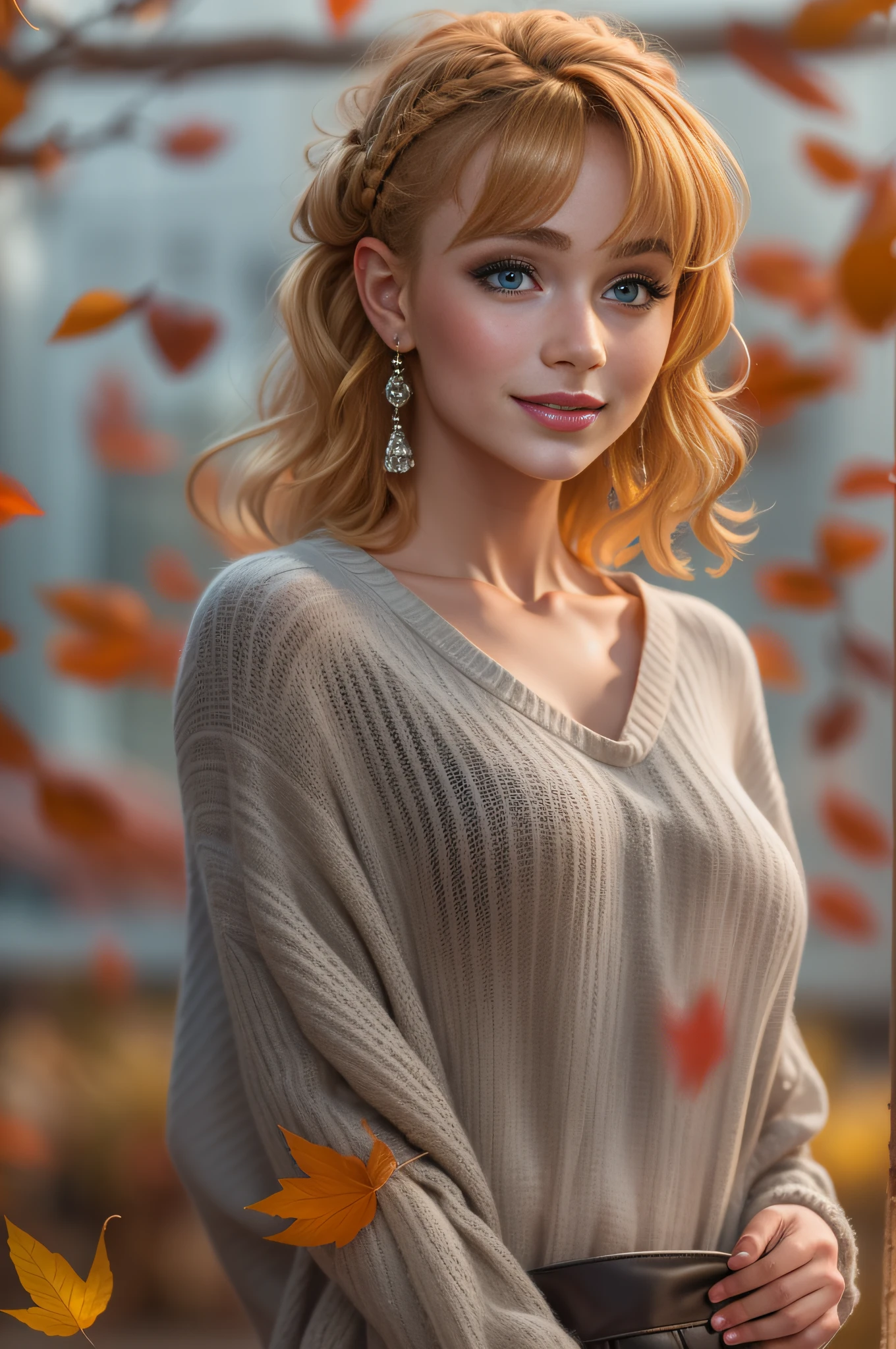 (realistic:1.3), finely detailed, quality, rembrandt lighting, (masterpiece:1.2), (photorealistic:1.2), (best quality), (detailed skin:1.3), (intricate details), dramatic, ray tracing, 1girl, american girl, 21 years old, detailed skin texture, (blush:0.5), (goosebumps:0.5), subsurface scattering, smiling, medium breasts, updo hair, blonde hair, bangs, hair between eyes, edgADC_fashion, dress, poncho, pantyhose, wearing edgADC, (outdoors, new york, autumn setting, autumn leaves, professional street fashion photography),