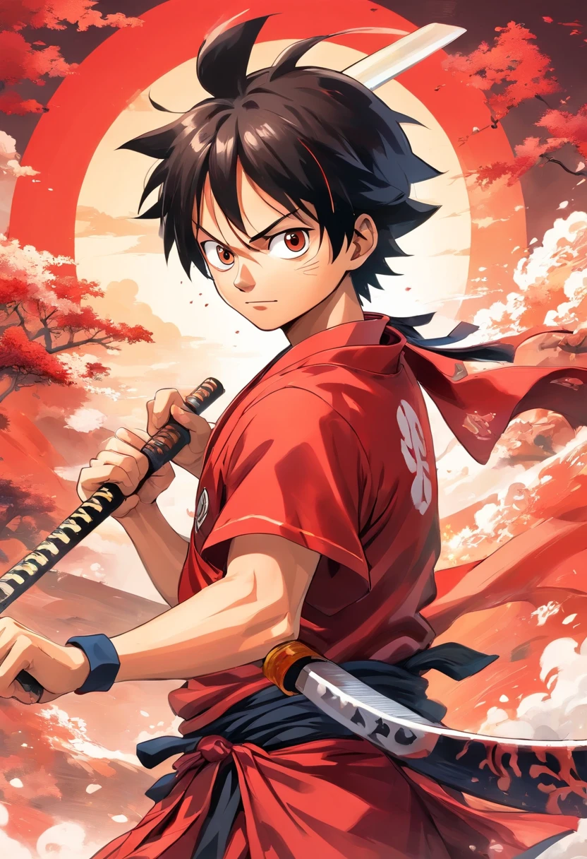 "(Luffy samurai preto+vermelho+Branco), incredible details, pose feroz, Traditional Japanese background, epic illustration, Flawless image quality"