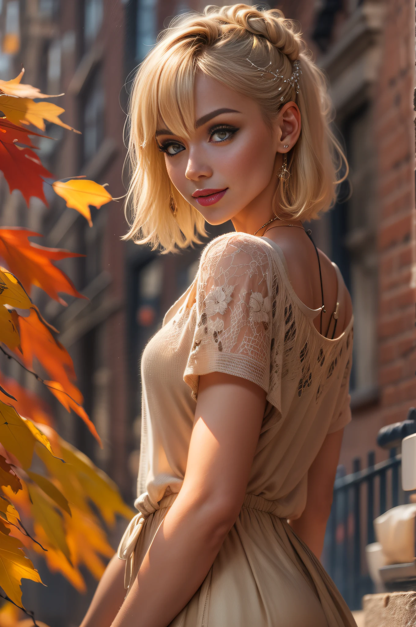 (realistic:1.3), finely detailed, quality, rembrandt lighting, (masterpiece:1.2), (photorealistic:1.2), (best quality), (detailed skin:1.3), (intricate details), dramatic, ray tracing, 1girl, american girl, 21 years old, detailed skin texture, (blush:0.5), (goosebumps:0.5), subsurface scattering, smiling, medium breasts, updo hair, blonde hair, bangs, hair between eyes, edgADC_fashion, dress, poncho, pantyhose, wearing edgADC, (outdoors, new york, autumn setting, autumn leaves, professional street fashion photography),