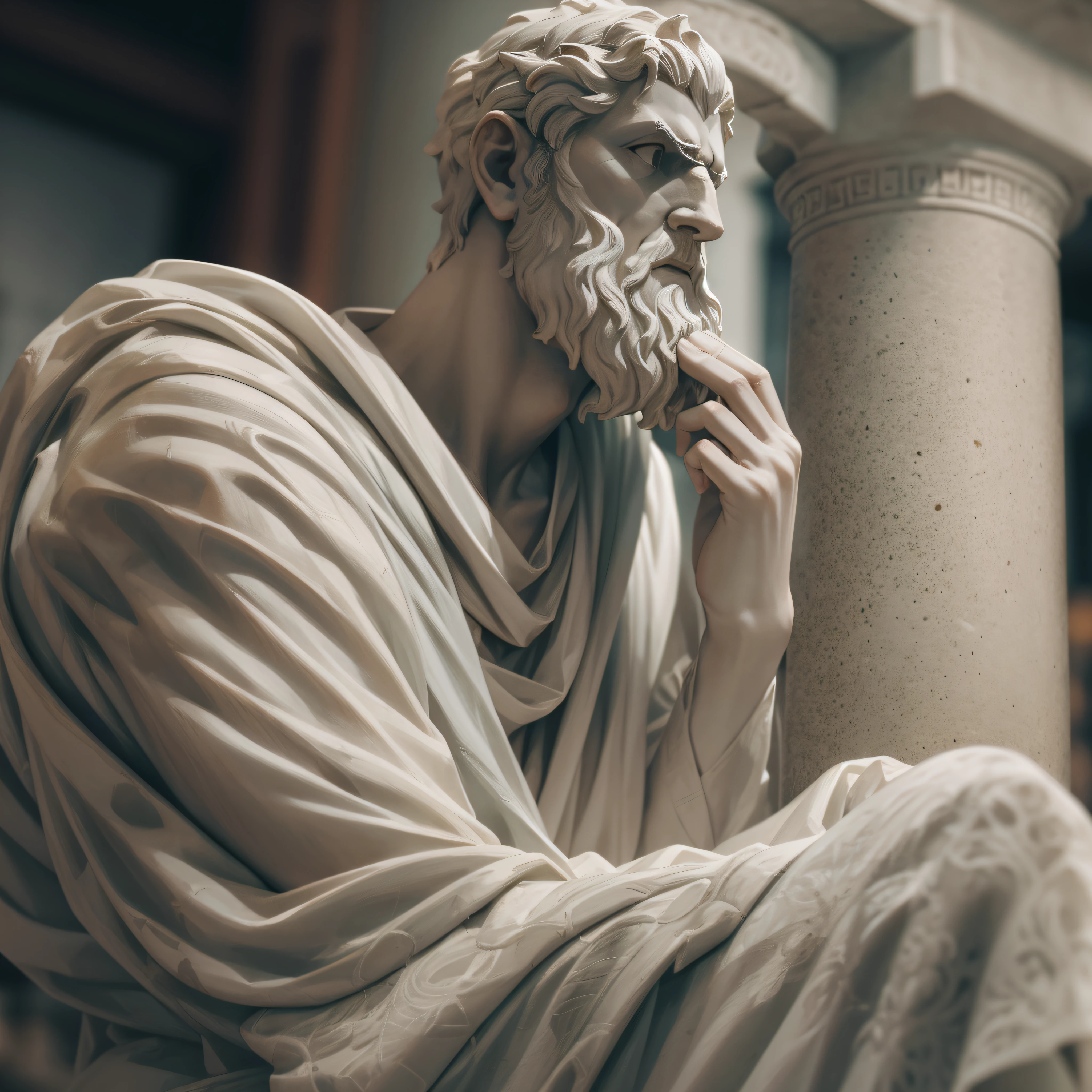 A realistic Greek white marble statue of Marcus Epicurus thoughtful detailed wearing a ghostly toga, fundo neutro, Moody, , fotorrealista, thoughtful movie dinner, super detalhada, hiper realista, luzes brilhantes, 8 K