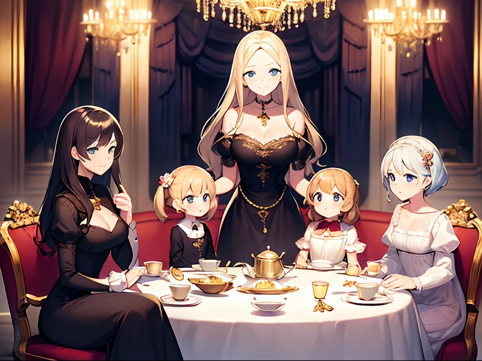 {high quality}, aristocrat, , lady, write lines clearly, draw eyes nicely, smile, {three ladies}, tea party, fancy round table, fancy black chair, teacups, teapot, tea, party stand, cupcakes, macaroons, {in palace}, various ladies in background, {eyes lighten the tone}, {transparent eyes}, {draw eyes precisely}, {draw hands precisely}, {no eye contact}, having a conversation, chandeliers, hanging accessories, drawing hands precisely, drawing fingers precisely, white dress, black dress, blue dress,