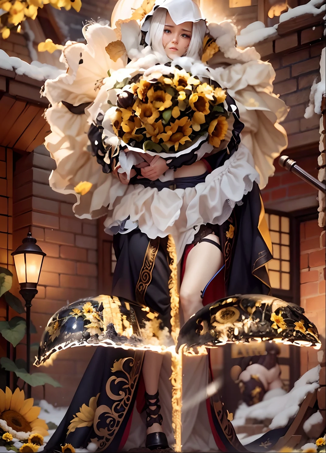 In a very grand scene，The extra-large wide-angle lens captures the appearance of a female centaur。She is a Sunflower Worship nun，Always opposed（Healing emoji smiley face of knitted sunflower puppet😊：99.99）DOA。She is tall，It has the ultimate curvy beauty，The muscles are slender and firm，Beautiful lines。She has（Super huge sky blue eyes：99.99）、always（Wearing sexy glasses：6.66）、（She wears solemn nun attire：9.9）、Stepping on a boot-style skyscraper-heel、A pink cross hangs on his chest。Use Midjourney's advanced tools，Designed for female centaurs（A knitted sunflower puppet and create a super healing cartoon smiley face in the center of the flower tray as a decoration：9.9），and noble and solemn nun costumes，and highlight her unique physiological characteristics and appearance details，Add realism。And in the context of her prayers and listening to confessions，Spectacular views of nature，Such as the sky where storms and sunny days alternate、Brilliant rivers of stars and auroras、The snow-capped summit of Mount Everest、Fireworks in the mountain town, etc。ao mesmo tempo，Away from the hustle and bustle next to the chapel，Create a fantastic scene。Use Midjourney's advanced tools and multiple color palettes、Brush Strokes、Texture tools and model packages，It shows a sense of atmosphere where beauty and charm coexist。The charm of the female centaur is highlighted through color and lines，Enhance realism with detailing，Create a surreal dreamy feeling。Additionally，Use Midjourney's tools to add various exorcism props and books to the female centaur、pergaminhos，Create intricate hairstyles and outfits，Give her a sense of premium。She never flinches，No matter what monster you encounter，can respond quickly，Even the most extreme armies of natural disasters and monsters could not stop her and her front（Sunflower with Tyndall effect that emits sunlight9.99）。Use Midjourney's powerful tools，You can do it with incredible detail and beauty，Bring this ultra-grand and beautiful scene to life。Ultra-grand sc