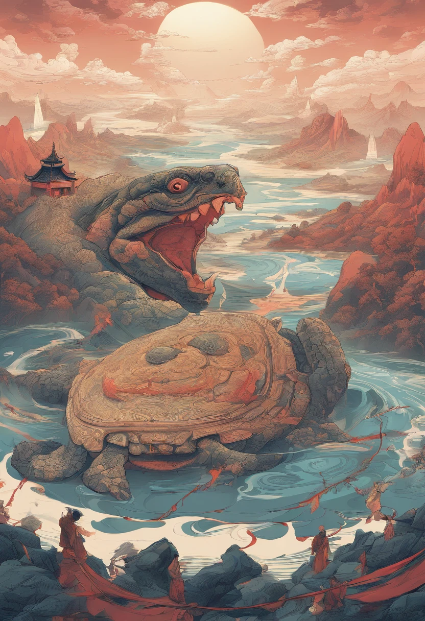 Xuanwu(The body of a turtle,The head of the Chinese dragon,The long tail of the snake),tosen,Huge waves,China-style,oc rendered,super-fine,high qulity,8K high resolution,ultra - detailed