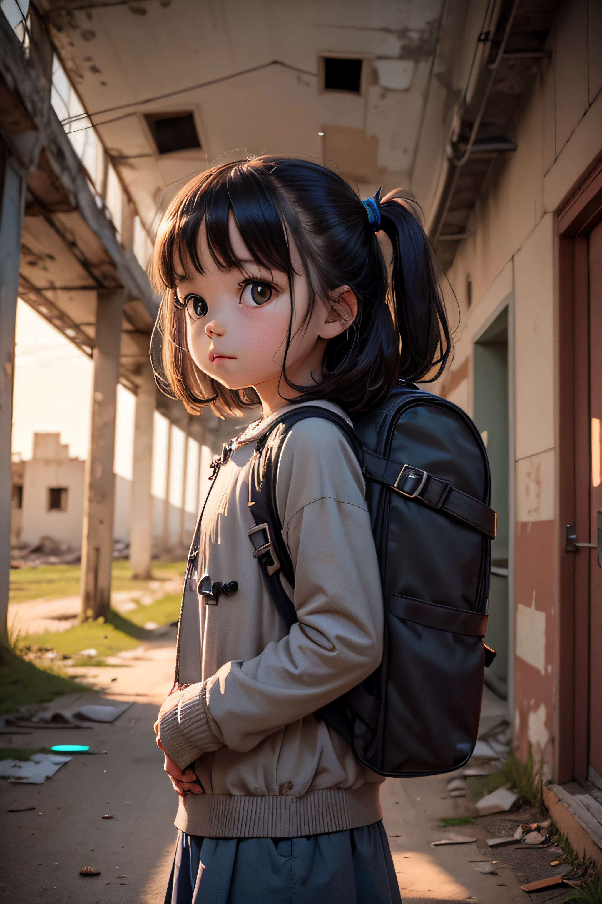 cute  girl with backpack in abandoned city