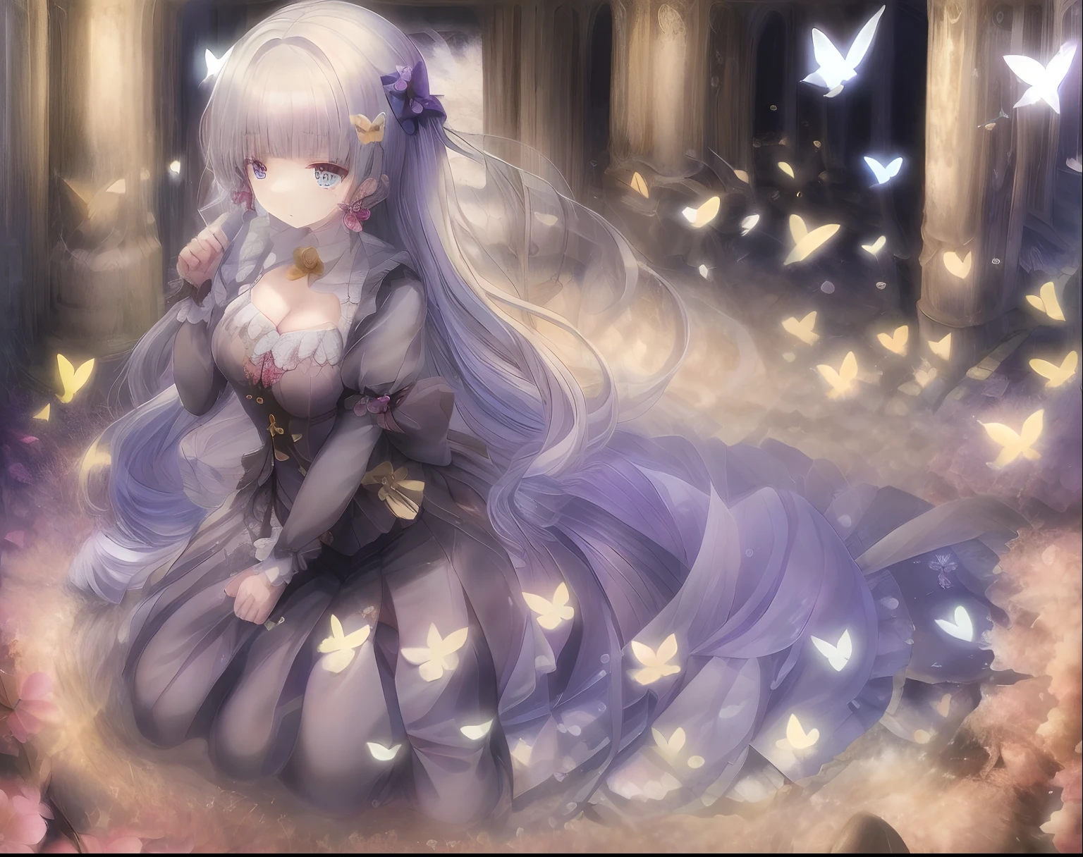 1girll, Planes, Planes, Animal, antennas, bangs, Bare_bshoulders, Barefoot, honeybee, Beetle, Bird, Bird cage, Blue_Butterfly, Breasts, Bugs, Butterfly, Butterfly_Hair_decorations, Butterfly_Net, Butterfly_On_hand, Butterfly_print, Butterfly_Wings, cage, Center_opening, cleavage, crystal, dragonfly, Fairy, Fairy_Wings, mitts, Glowing_Butterfly, Hair_decorations, hand_Net, insect_Wings, kashiwazaki_Year's on, Large_Breasts, Long_Hair, Looking_at_Animal, Looking_at_peeping at the viewer, navel, Night, Night_sky, origami, Paper_Crane, parted_Lips, purple_Eyes, Silk, Sitting, Solo, spider, spider_web, Star_\(sky\), Starry_sky, Very_Long_Hair, White_Butterfly, Wings, Yellow_Butterfly,White color hair,,Solemn,Noble,dream magical,Sick,shackle,Playing,control,(Autumn 2.0),Show love,Chains,binding,(Ahh.0),(There is an unknown white liquid on the lower body3.0),(Ass focus:2.0),(Wedding dress 3.0)