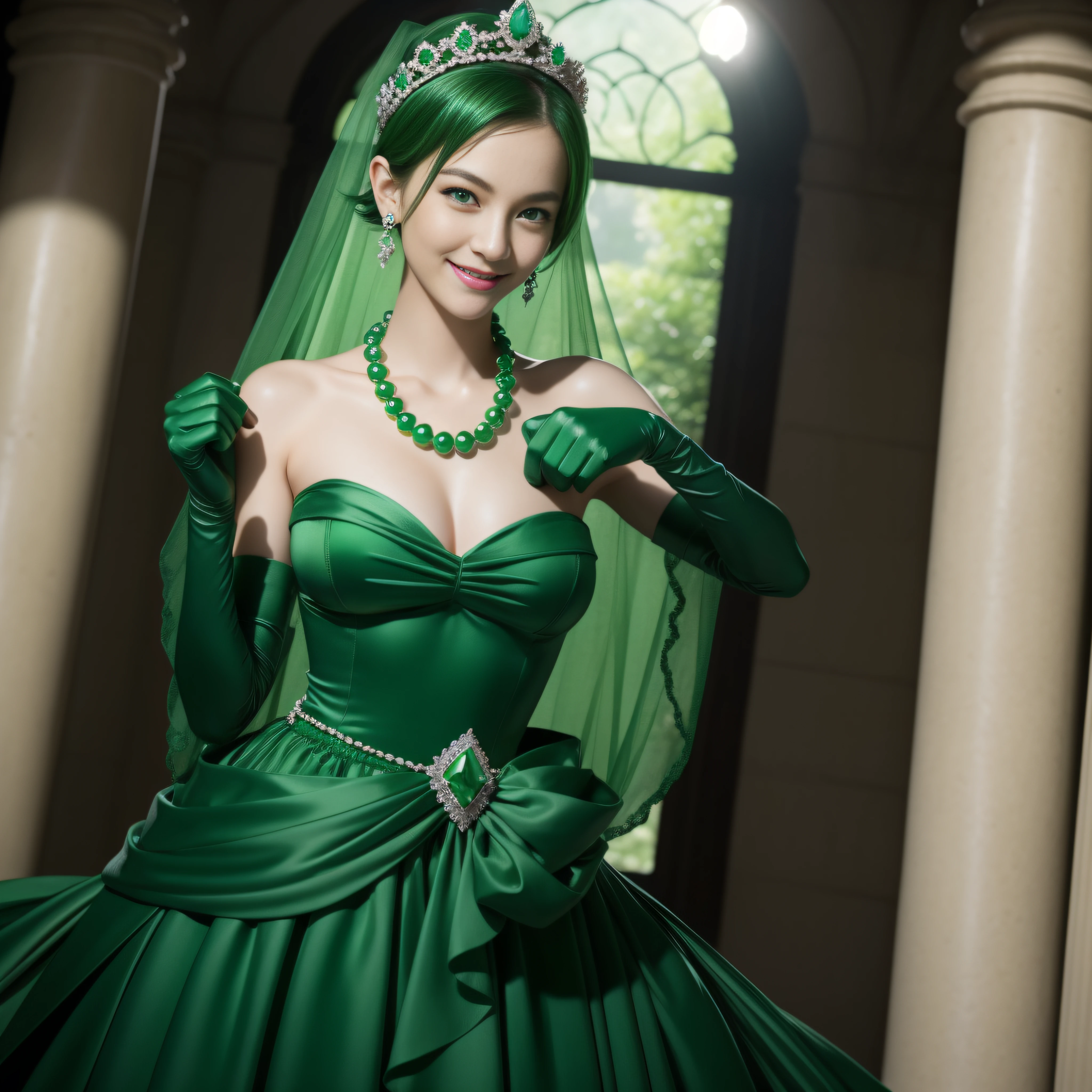 emerald tiara, Green Pearl Necklace, Boyish very short green hair, lipsticks, Japan woman smiling, very short short hair, fist, big breasts beautiful, Green eyes, Long green gloves e of satin material, Green eyes, Emerald Earrings
