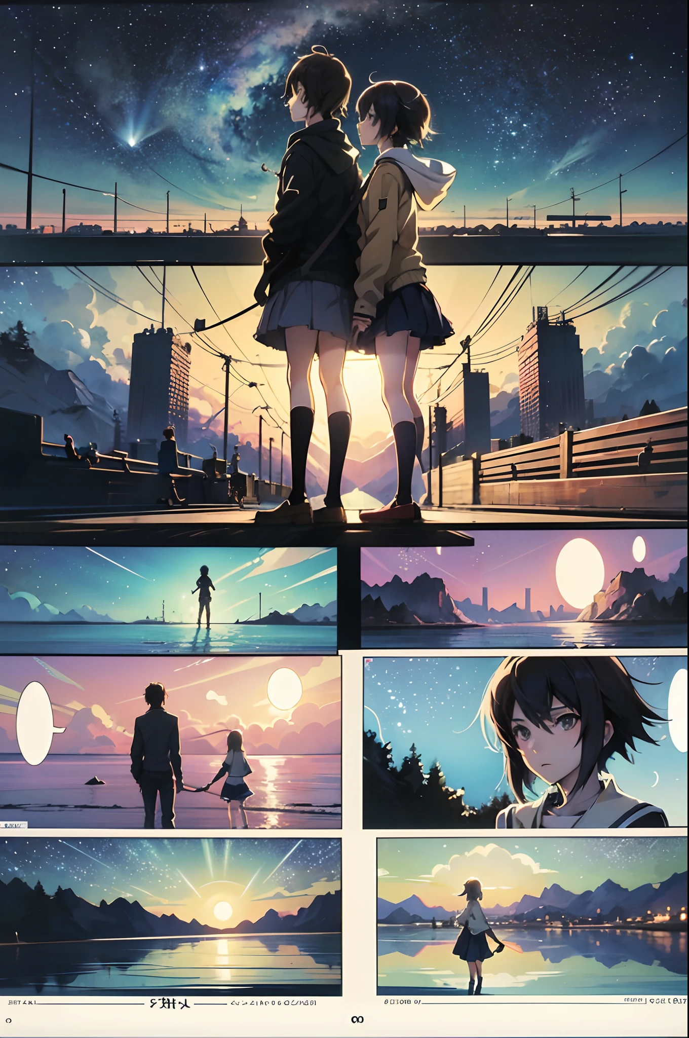 comic strip，Cartoon Split，Exceptional，Storyboard，Masterpiece, Anime college student standing by the sea, Bright starry sky. romantic couple, Makoto Shinkai's picture, Pisif, concept-art, Lofi art style, Reflection. By Makoto Shinkai, Lofi art, beautiful anime scenes, Anime landscape, Detailed scenery —width 672, in the style of makoto shinkai, Makoto Shinkai's style, Enhanced detail.