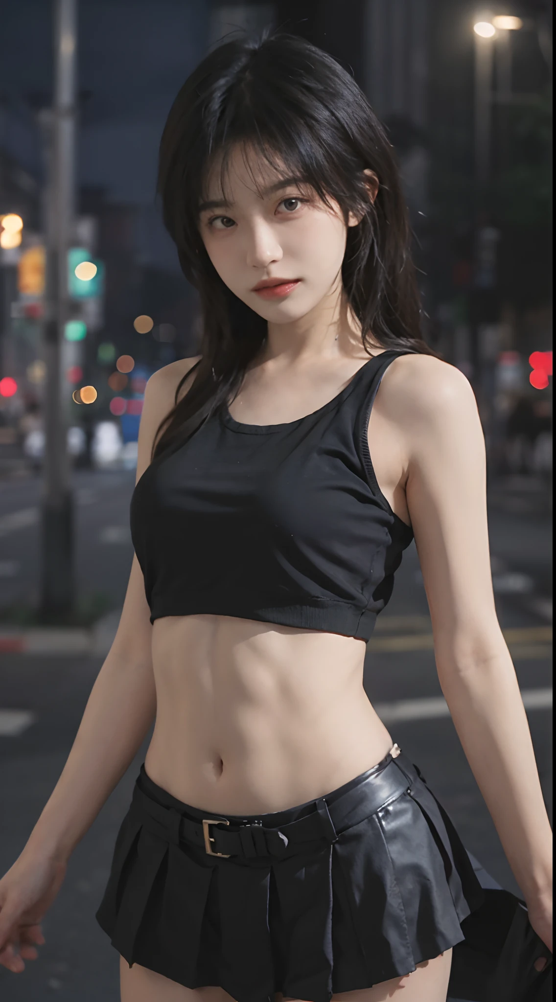 1 girl, Tokyo street, night, cityscape, city lights, upper body, close-up, smile, (8k, RAW photo, highest quality, masterpiece: 1.2), (realistic, photoreal: 1.37), micro mini skirt, muscular, squat, legs open towards front, hands in front of crotch posing