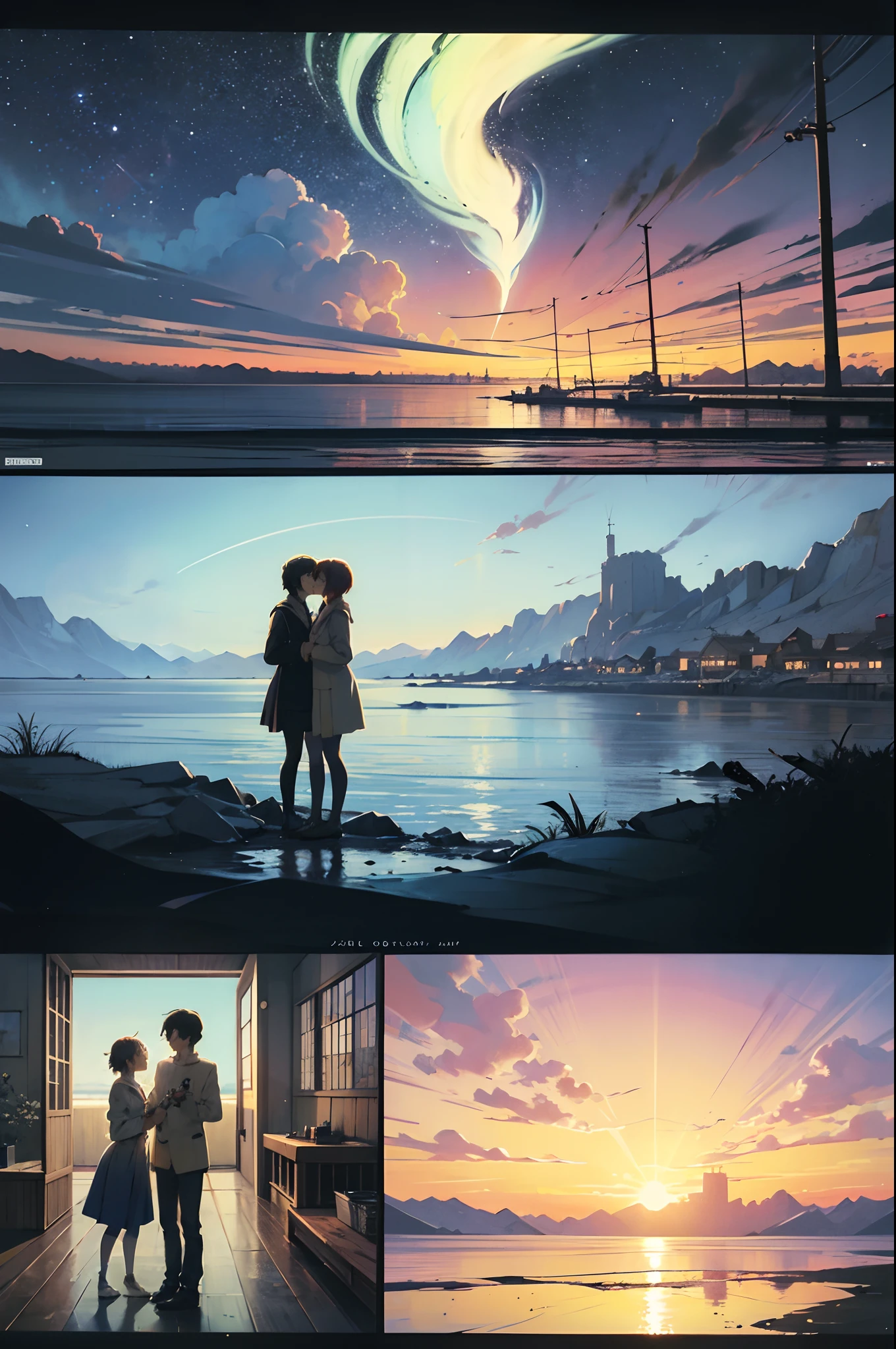 comic strip,Cartoon Split,Exceptional,Storyboard,Masterpiece, Anime college student standing by the sea, Bright starry sky. romantic couple, Makoto Shinkai's picture, Pisif, concept-art, Lofi art style, Reflection. By Makoto Shinkai, Lofi art, beautiful anime scenes, Anime landscape, Detailed scenery —width 672, in the style of makoto shinkai, Makoto Shinkai's style, Enhanced detail.