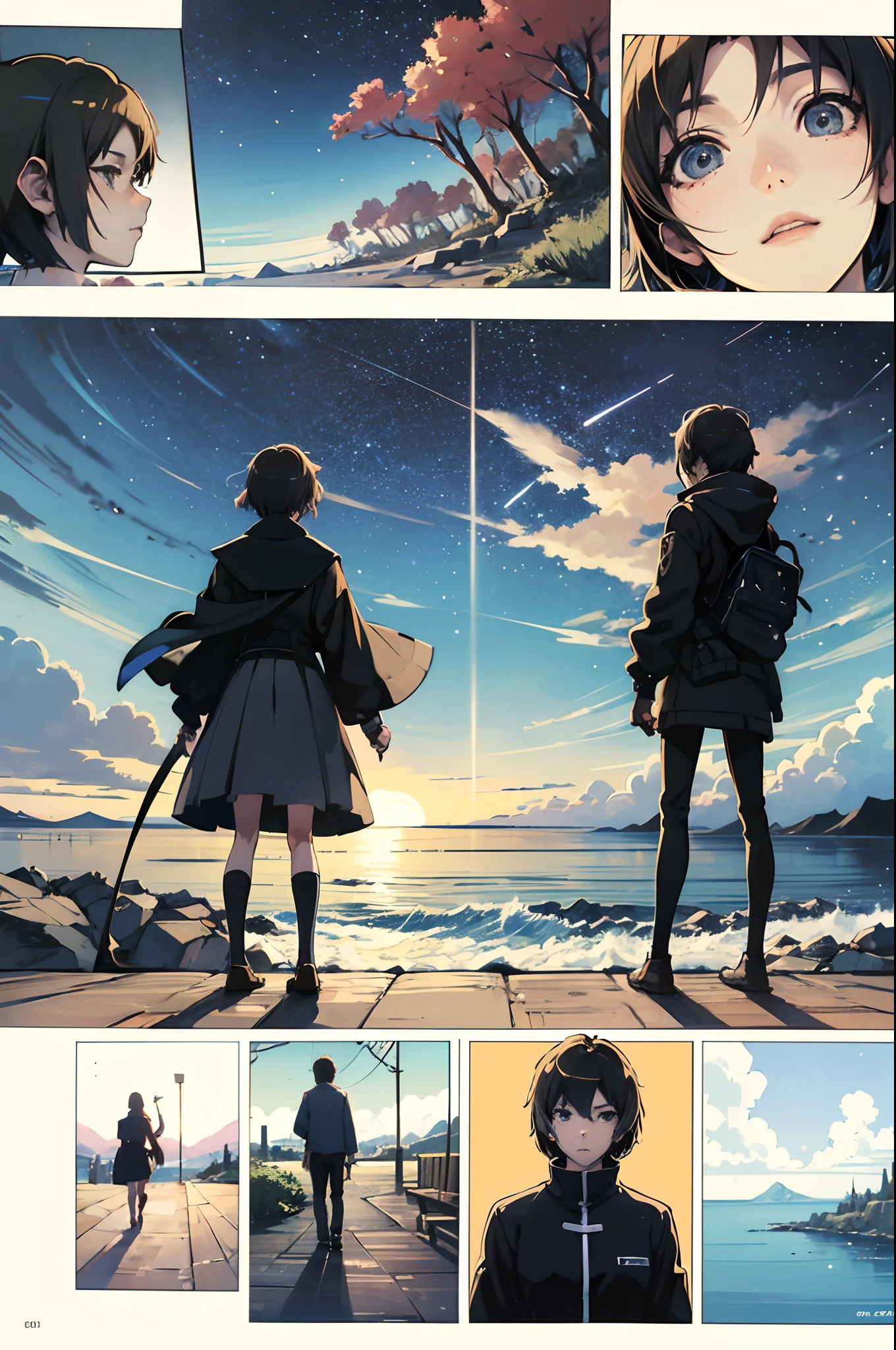 comic strip，Cartoon Split，Exceptional，Storyboard，Masterpiece, Anime college student standing by the sea, Bright starry sky. romantic couple, Makoto Shinkai's picture, Pisif, concept-art, Lofi art style, Reflection. By Makoto Shinkai, Lofi art, beautiful anime scenes, Anime landscape, Detailed scenery —width 672, in the style of makoto shinkai, Makoto Shinkai's style, Enhanced detail.