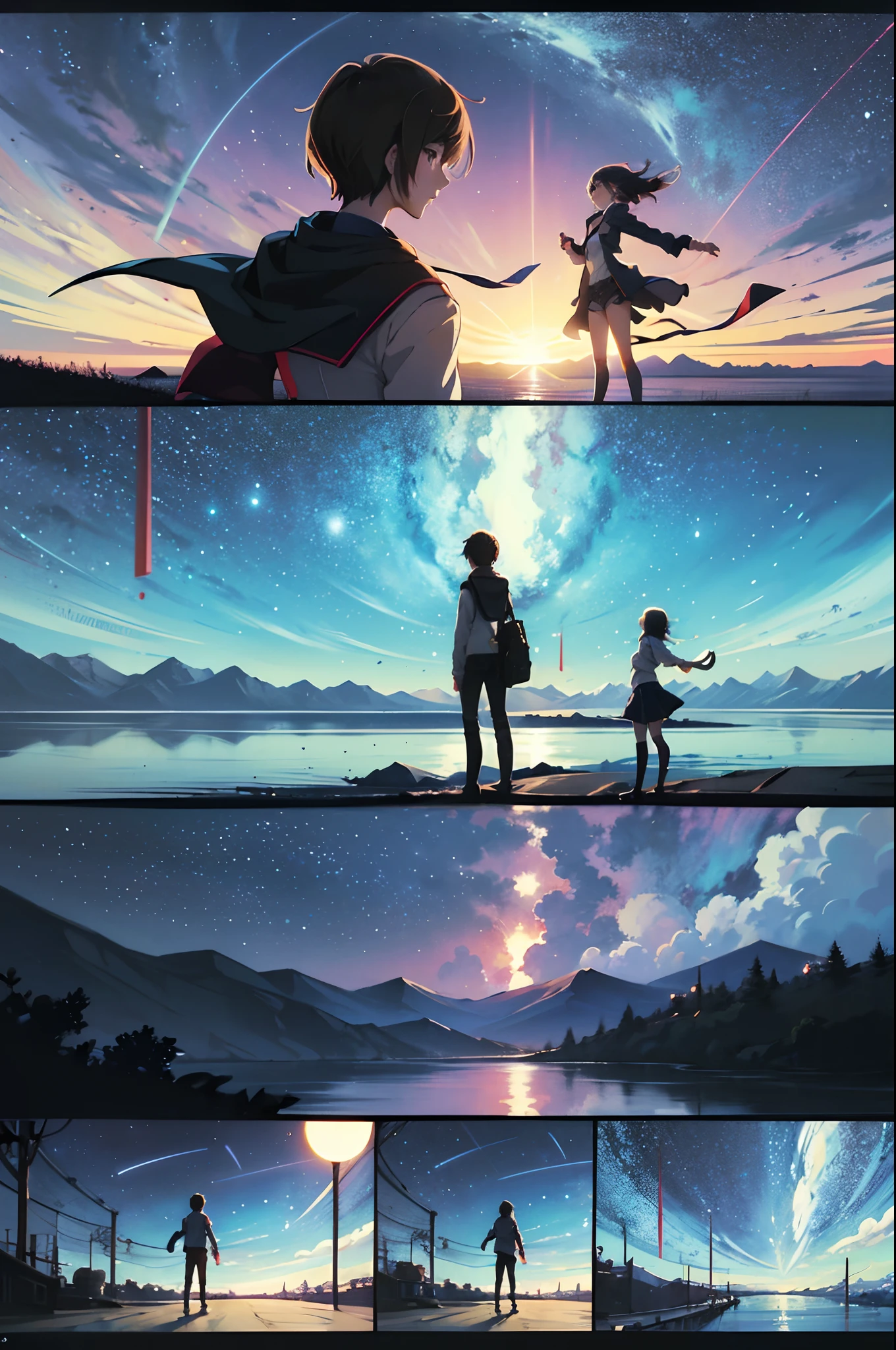comic strip，Cartoon Split，Exceptional，Storyboard，Masterpiece, Anime college student standing by the sea, Bright starry sky. romantic couple, Makoto Shinkai's picture, Pisif, concept-art, Lofi art style, Reflection. By Makoto Shinkai, Lofi art, beautiful anime scenes, Anime landscape, Detailed scenery —width 672, in the style of makoto shinkai, Makoto Shinkai's style, Enhanced detail.