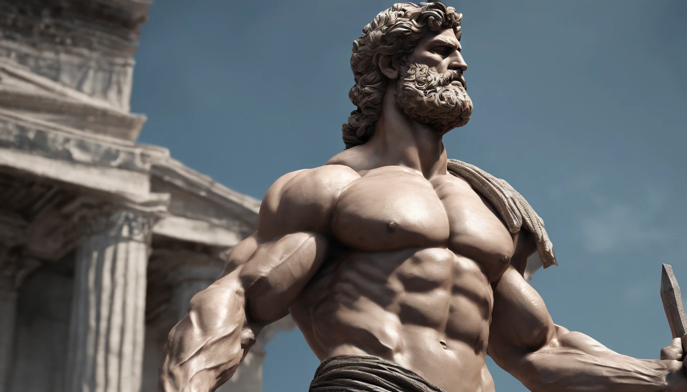 Stoic Greek statue with very muscular body in profile, strong arms, HERCULES STYLE, cinemactic, 8k, dark background GREECE