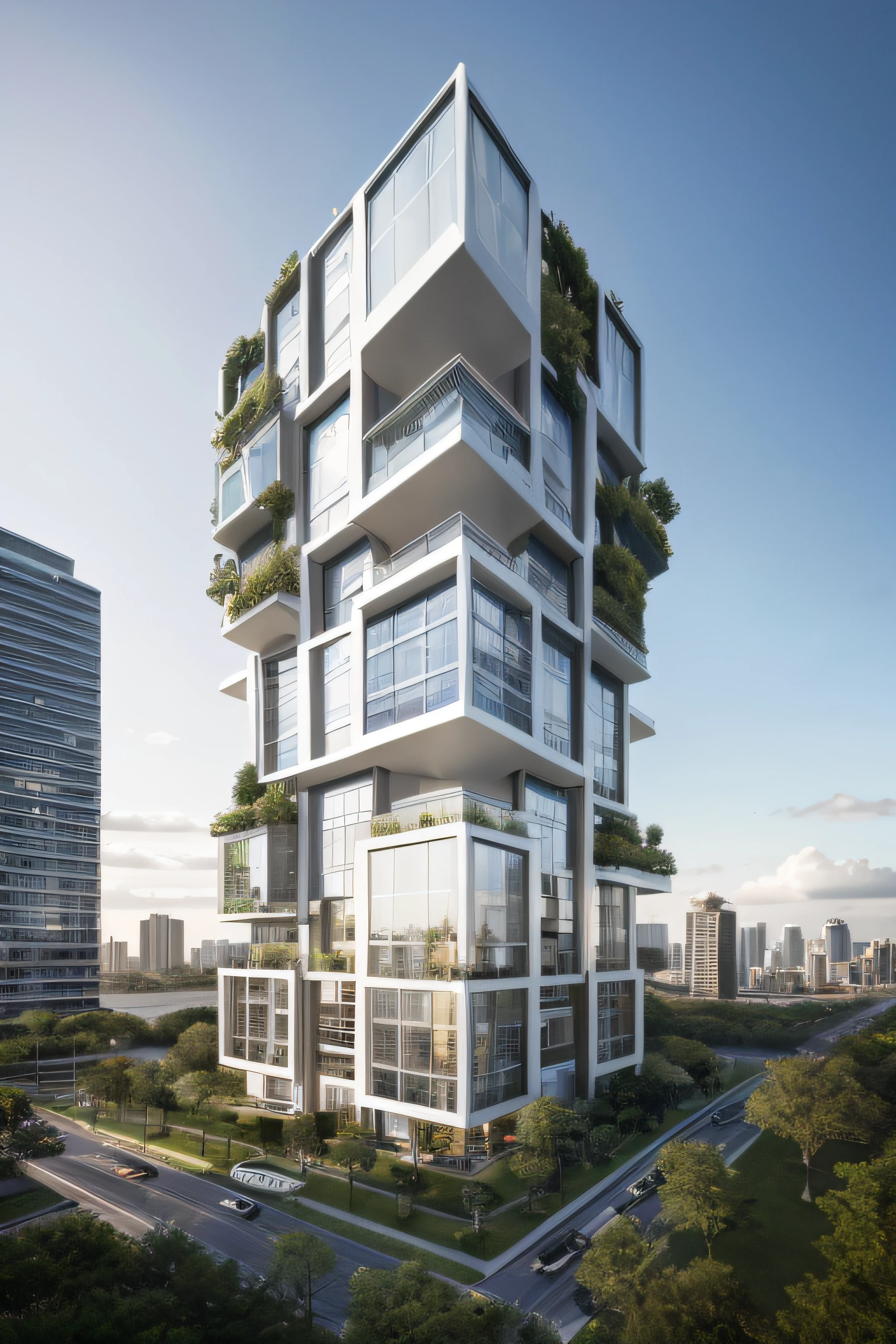 A modern architecture masterpiece rises into the clear sky, showcasing the beauty of green technologies. The hyper-detailed photo captures the intricate design of a glass skyscraper, reflecting the world around it. The photo-realistic depiction emphasizes the realistic textures and materials used in its construction. In this 8k artwork, every minute detail is meticulously rendered, resulting in a visually stunning representation of modern architectural aesthetics. The vibrant colors and precise lighting further enhance the sense of realism, bringing the entire scene to life. This artwork portrays the perfect fusion of innovative design and sustainable ideals, inviting viewers to appreciate the harmony between nature and modernity.