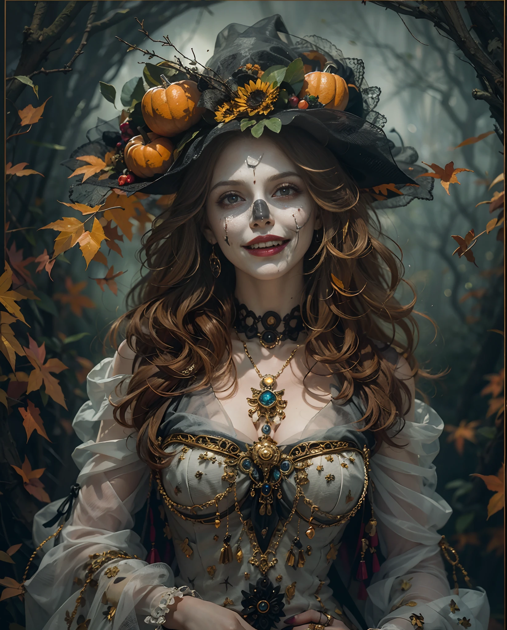 Best quality, masterpiece, meticulous details, intricate detail, a mystical hallowen lady with psycho smile expression, spooky vibes