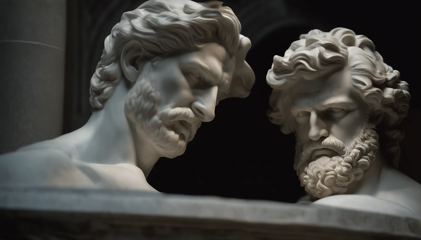 A white marble statue of a muscle, Bearded man with a stern look in a dark square at night, in the style of photographers Annie Leibovitz and Peter Lindbergh.