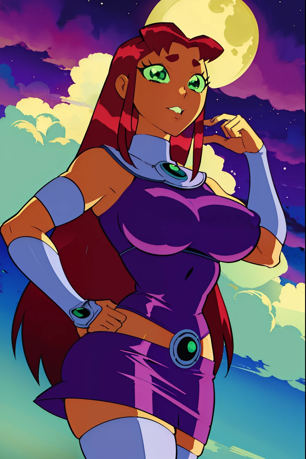 titans, Starfire, anime, masterpiece, 1girl, ((bimbo))), green eyes, beautiful eyes, long red hair, puffy lips, painted lips, thick lips, wide hips, thick thigh, big breast, huge ass, shiny skin, purple skirt, purple top, looking out in the distance