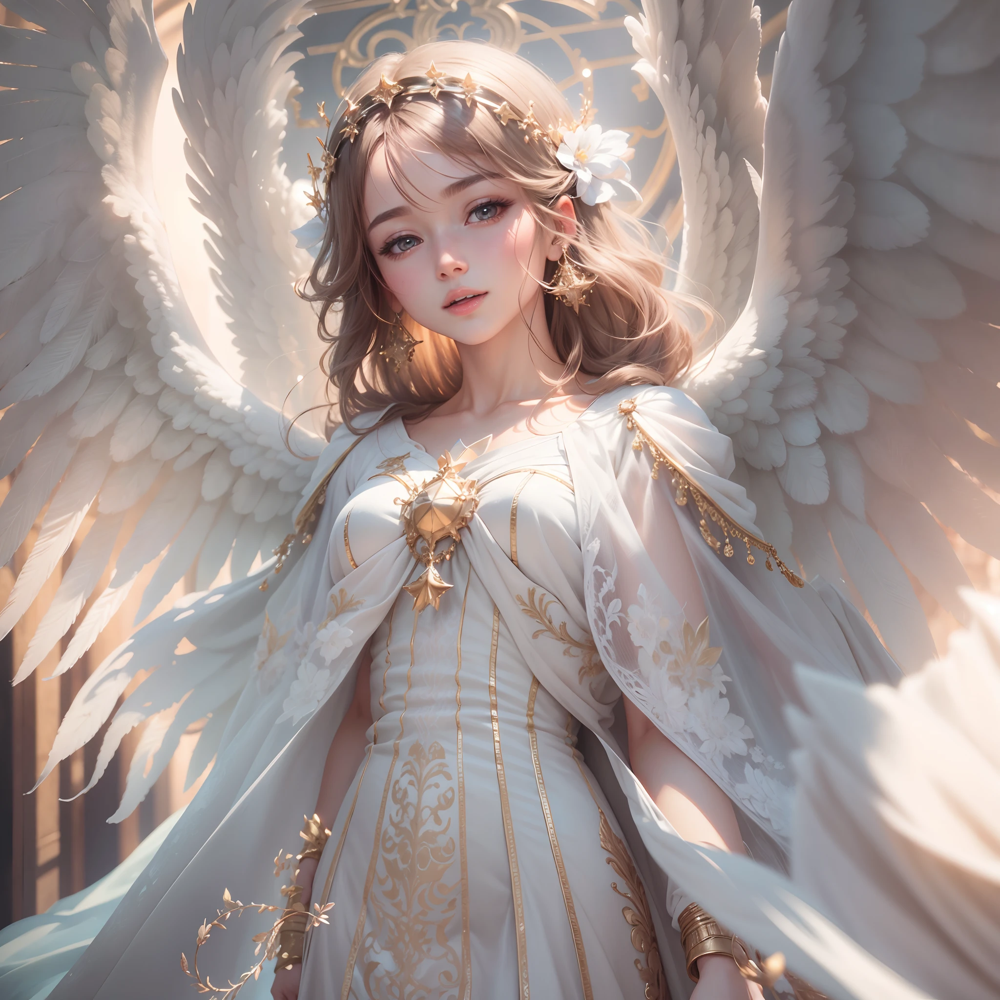 masterpiece, top quality, 8K, real person, realistic, very dense CG, shiny skin, fully focused, heaven, divine glory, radiant, angel, blessing, happiness,