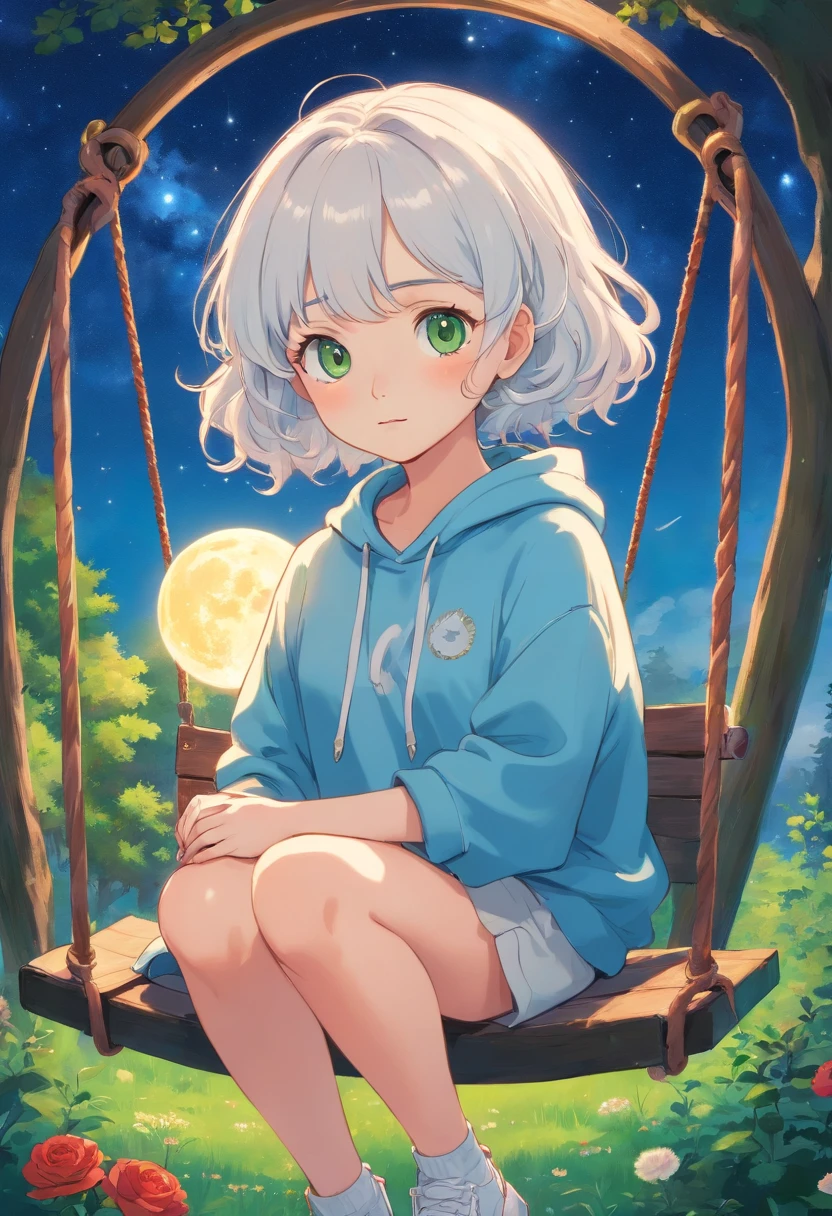 Summer nights,Bright stars,blue open sky,Round moon,glowworm,One Little Girl,Sit on a rose swing,Green meadow,Full body photo,His face was full of sadness,Holding a kitten,Wear a hooded blue short-sleeved sweatshirt,White sneakers,Curly hair,There are swings,Hayao Miyazaki anime style,Round face, big eyes, long eyelashes,