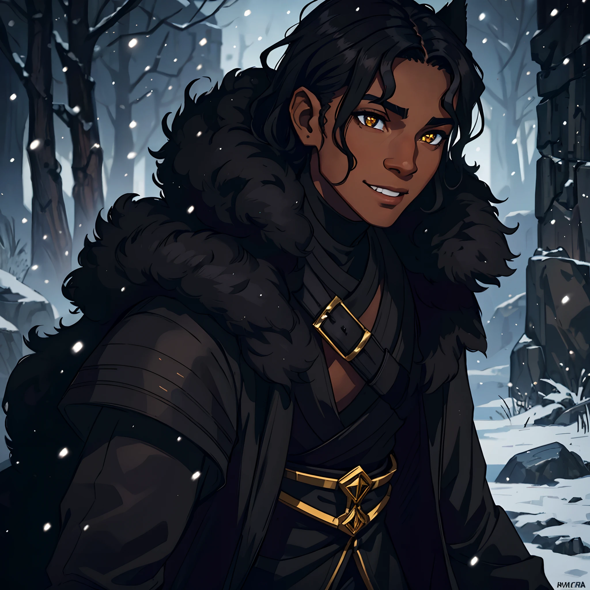 Close up in a beautiful young black man with short wavy hair, a confident gaze, Black beauty, golden eyes, lynx ears, and a confident smile, dressed in dark and black attire like an assassin, a fantasy character, an RPG character. Warm lighting, snowflakes falling, he is in the tundra, perfect eyes, 4k