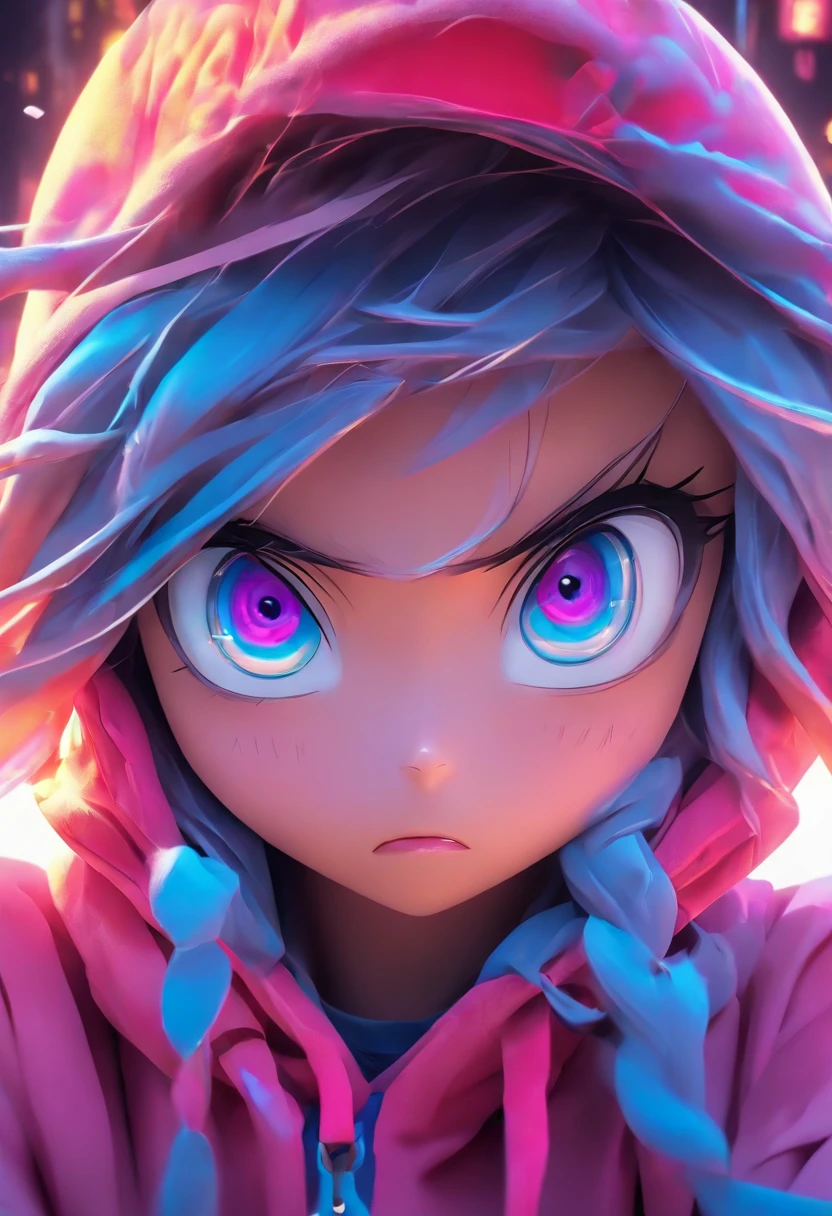 Top quality.。.。.。.3D.Masterpiece, high resolution, 8K, Hoodie and anime style girl, One girl, detailed line art, Digital enhancement, Close up, Anime core, Flowing fabric,Grimacing,Big eyes cute