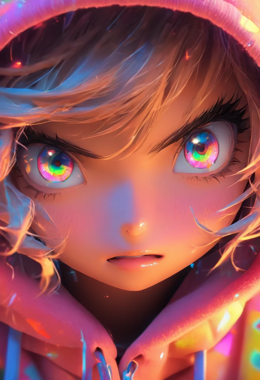 Top quality.。.。.。.3D.Masterpiece, high resolution, 8K, Hoodie and anime style girl, One girl, detailed line art, Digital enhancement, Close up, Anime core, Flowing fabric,Grimacing,Big eyes cute
