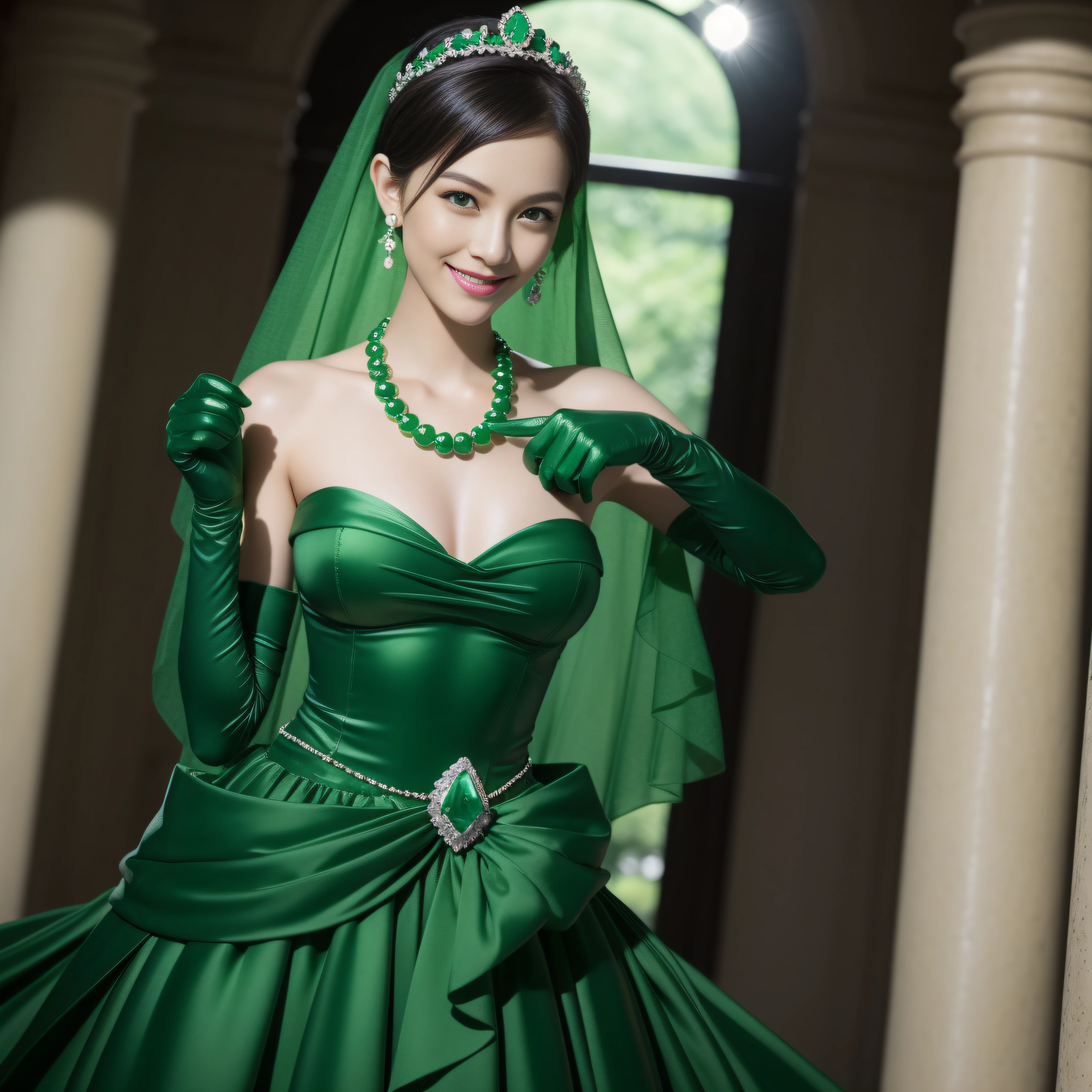 emerald tiara, Green Pearl Necklace, Boyish very short black hair, lipsticks, Japan woman smiling, very short short hair, big breasts beautiful, Green eyes, Long green gloves made of satin material, Green eyes, Emerald Earrings