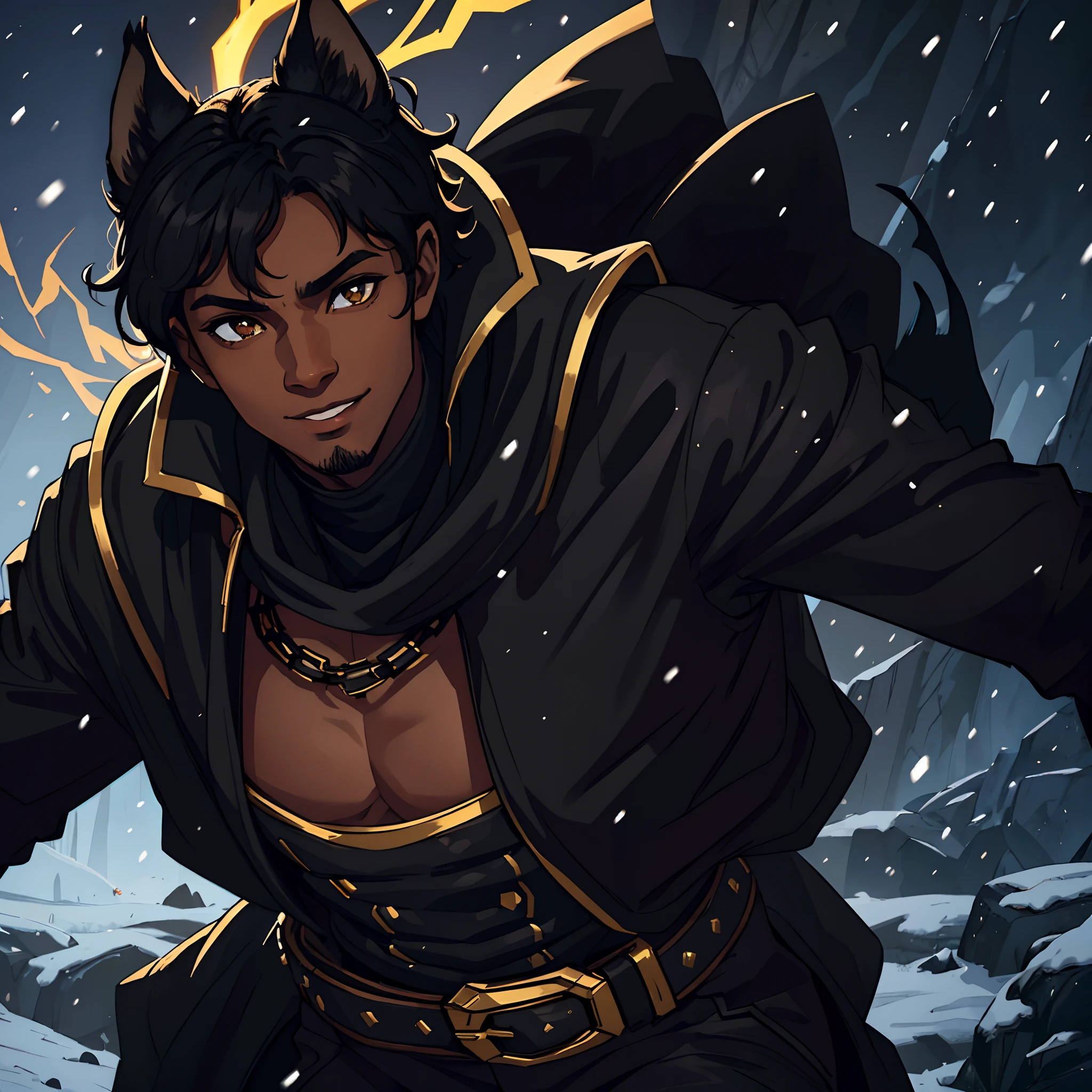 Close up in a beautiful young black man with short wavy hair, a confident gaze, Black beauty, golden eyes, lynx ears, and a confident smile, dressed in dark and black attire like an assassin, a fantasy character, an RPG character. Warm lighting, snowflakes falling, he is in the tundra, perfect eyes, 4k