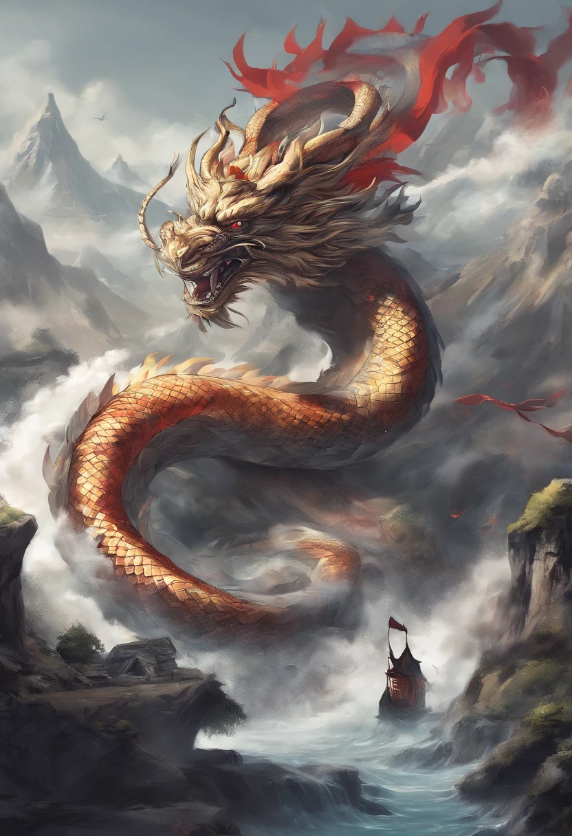 Asian dragon painting, an intricately detailed dragon with shimmering scales and flowing mane coiling around ancient temple ruins, surrounded by misty mountains and traditional pagodas, evoking a sense of mysticism and grandeur, Painting, watercolor on textured paper