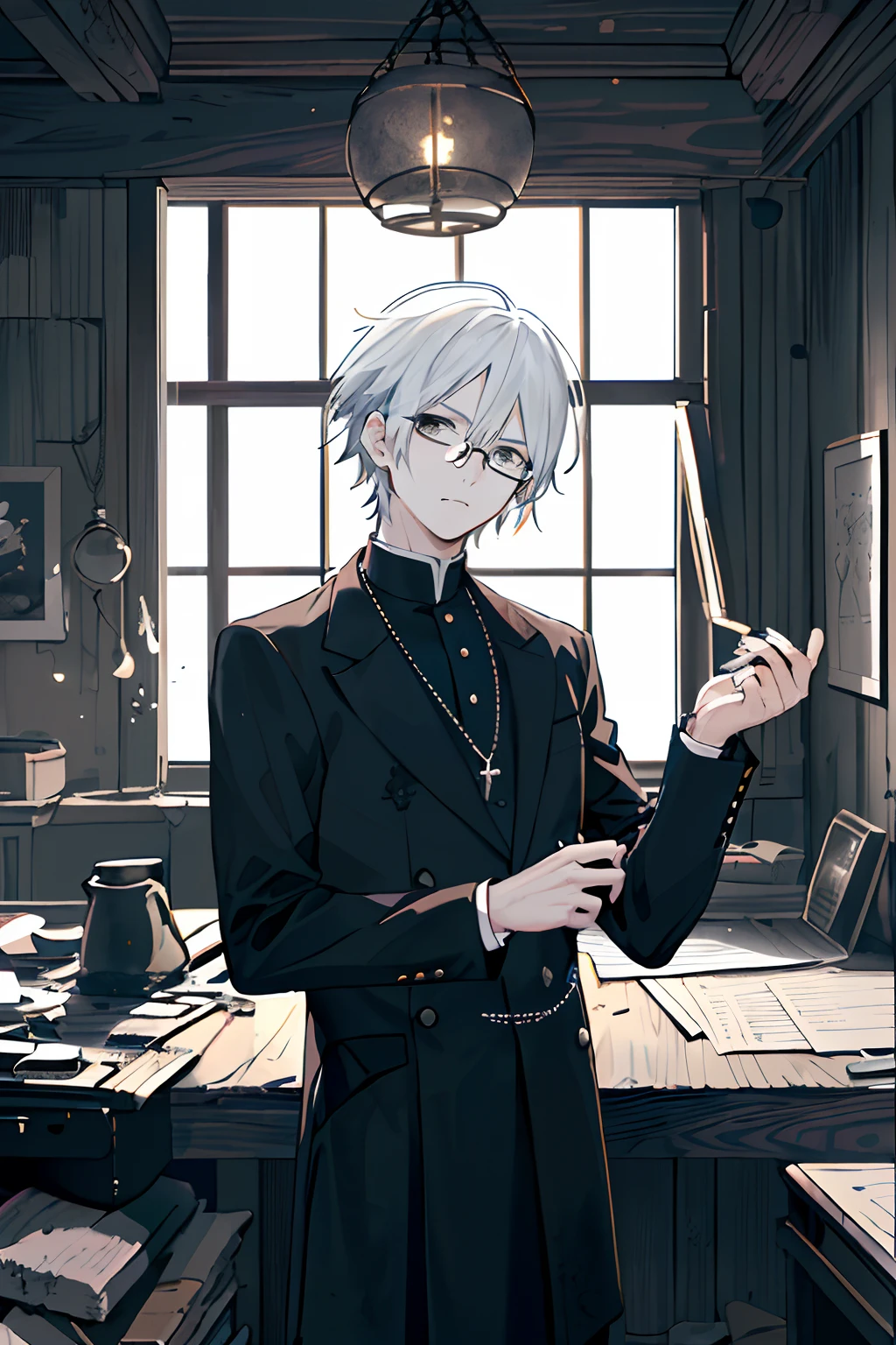 ((((Dramatic))), (((grittiness))), (((Intense))) The movie poster centers on a young writer。。。。。。。。。。。。。。。。。。。。。。。。。。。。。。。。。。。。。。。。。（tmasterpiece：1.2），best qualtiy，（tmasterpiece：1.2），best qualtiy，realisticlying，Man with white hair and black eyes，Dull hair，With round-rimmed glasses，pupils，balmy，inside in room，vases，picure，A tranquil，独奏