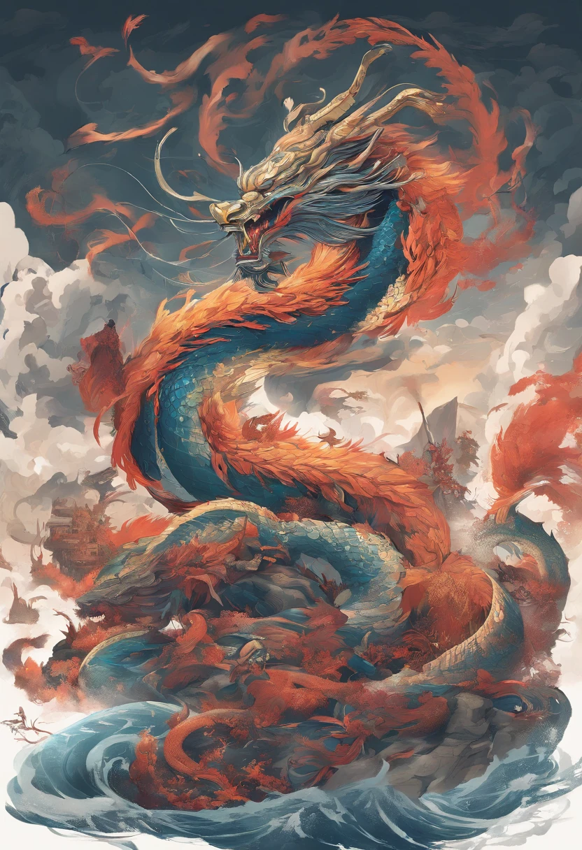 Xuanwu(the body of the,The head of the Chinese dragon,The long tail of the snake),tosen,Huge waves,China-style,oc rendered,super-fine,high qulity,8K high resolution,ultra - detailed