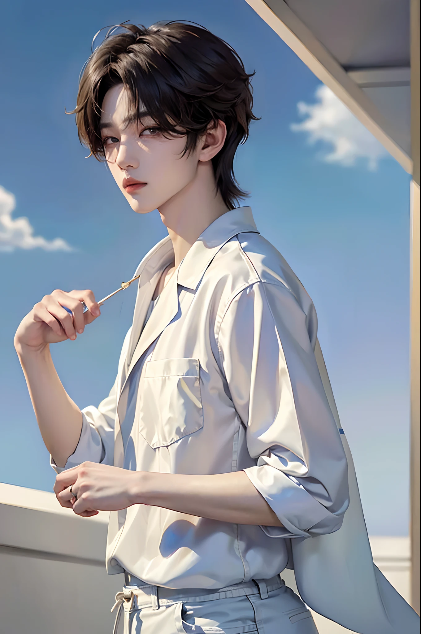 masterpiece、top-quality)、One Manly Boy、Slim body、((White Y-shirt and long black pants:1.1))、(Detailed beautiful eyes)、In the Han River、Face similar to Chaewon in Le Selefim、((short hair above the ears))、((Smaller face))、((Neutral face))、((Light brown eyes))、((Korean boy))、((18year old))、((Handsome man))、((Wild look))、((Korean Makeup))、((elongated and sharp eyes))、((Happy dating))、((He is walking in front of the viewer))、((shot from a side angle))