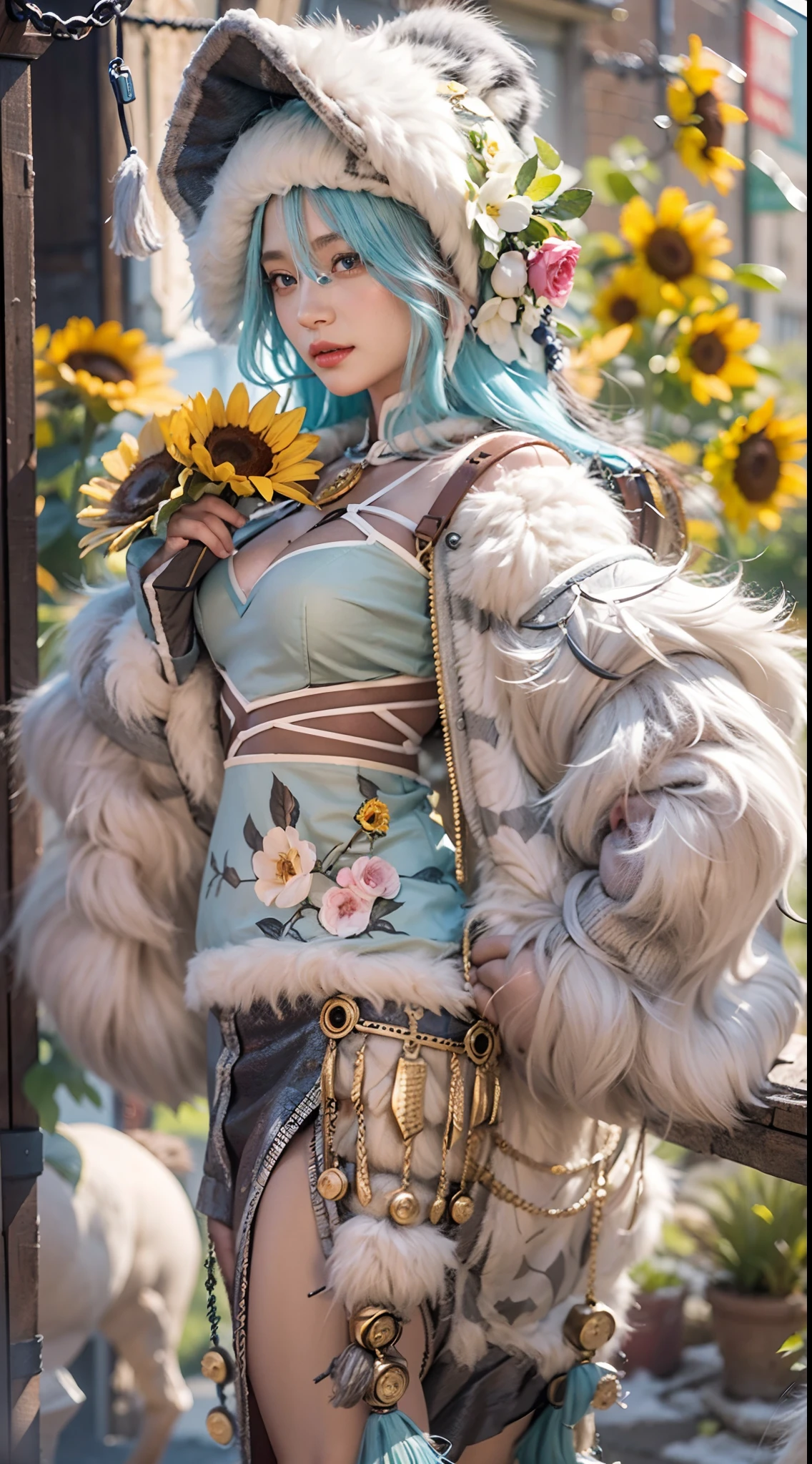 In a very grand scene,The extra-large wide-angle lens captures the appearance of a female centaur。She is a Sunflower Worship nun,Always opposed(Healing emoji smiley face of knitted sunflower puppet😊:99.99)DOA。She is tall,It has the ultimate curvy beauty,The muscles are slender and firm,Beautiful lines。She has(Super huge sky blue eyes:99.99)、always(Wearing sexy glasses:6.66)、(She wears solemn nun attire:9.9)、Stepping on a boot-style skyscraper-heel、A pink cross hangs on his chest。Use Midjourney's advanced tools,Designed for female centaurs(A knitted sunflower puppet and create a super healing cartoon smiley face in the center of the flower tray as a decoration:9.9),and noble and solemn nun costumes,and highlight her unique physiological characteristics and appearance details,Add realism。And in the context of her prayers and listening to confessions,Spectacular views of nature,Such as the sky where storms and sunny days alternate、Brilliant rivers of stars and auroras、The snow-capped summit of Mount Everest、Fireworks in the mountain town, etc。ao mesmo tempo,Away from the hustle and bustle next to the chapel,Create a fantastic scene。Use Midjourney's advanced tools and multiple color palettes、Brush Strokes、Texture tools and model packages,It shows a sense of atmosphere where beauty and charm coexist。The charm of the female centaur is highlighted through color and lines,Enhance realism with detailing,Create a surreal dreamy feeling。Additionally,Use Midjourney's tools to add various exorcism props and books to the female centaur、pergaminhos,Create intricate hairstyles and outfits,Give her a sense of premium。She never flinches,No matter what monster you encounter,can respond quickly,Even the most extreme armies of natural disasters and monsters could not stop her and her front(Sunflower with Tyndall effect that emits sunlight9.99)。Use Midjourney's powerful tools,You can do it with incredible detail and beauty,Bring this ultra-grand and beautiful scene to life。Ultra-grand sc