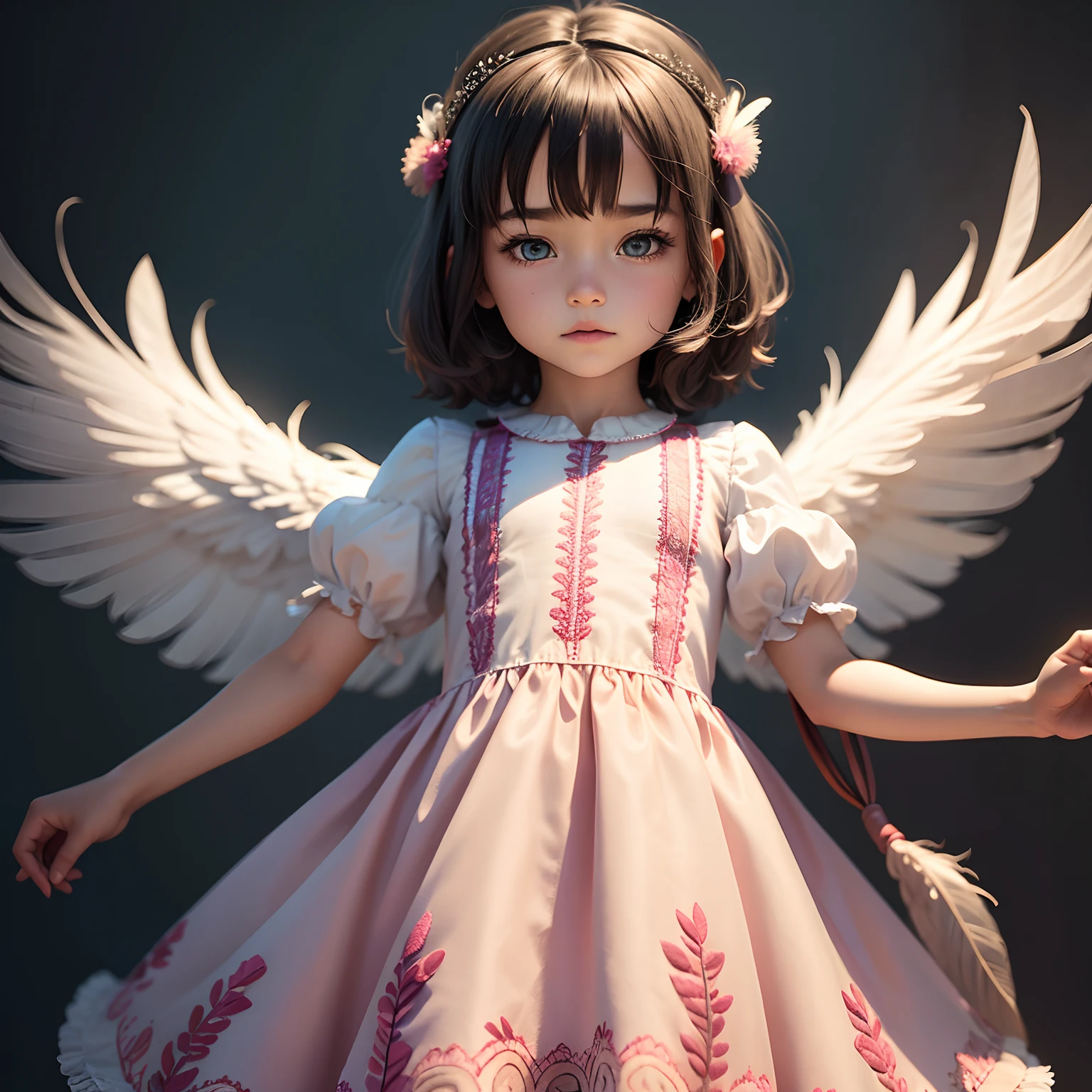 A daughter wearing a dress with feather-shaped embroidery that adds texture and depth