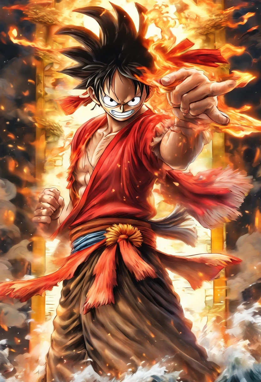 "(Luffy samurai preto+vermelho+Branco), incredible details, pose feroz, Traditional Japanese background, epic illustration, Flawless image quality"