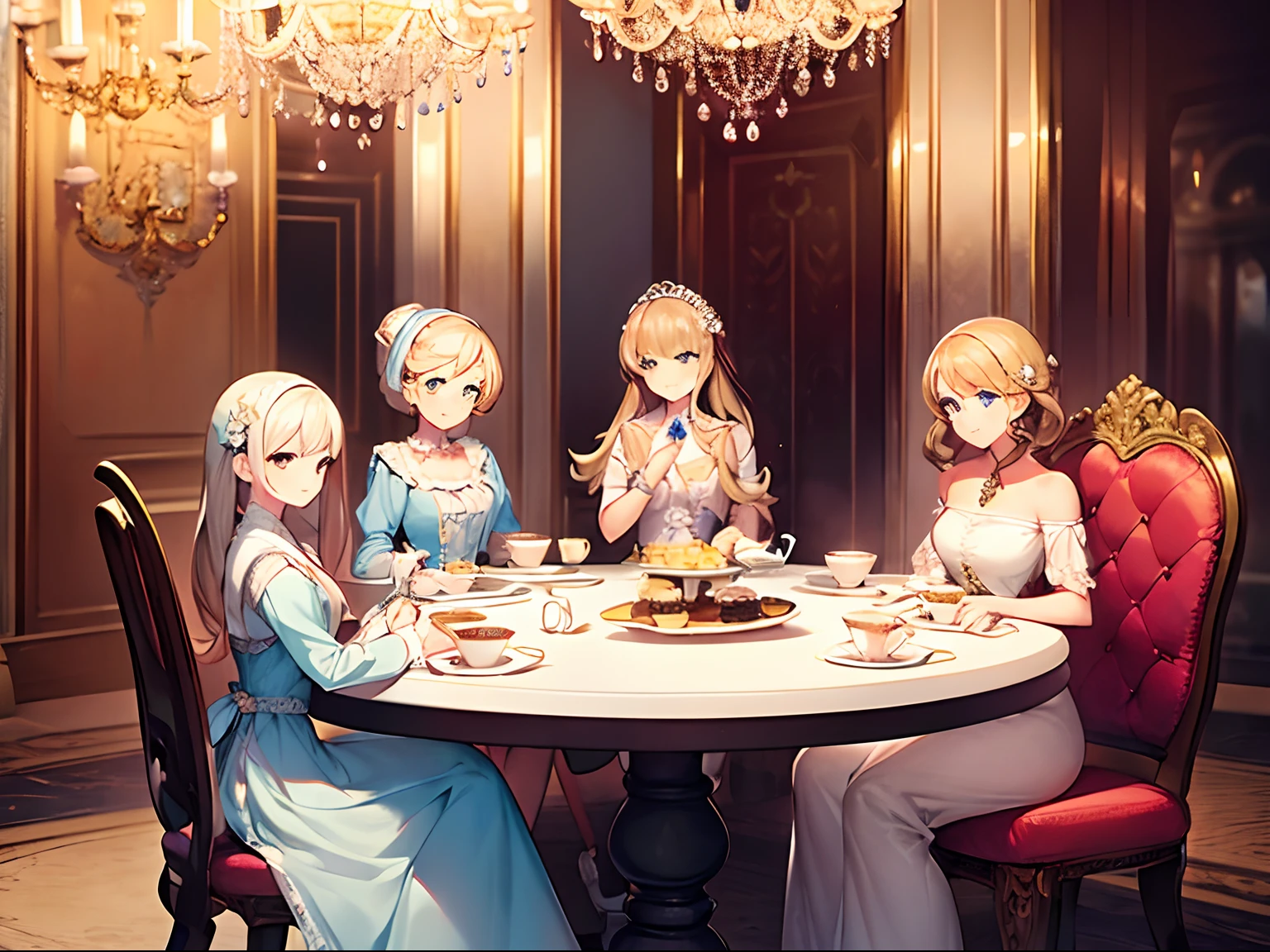 {high quality}, aristocrat, little girl, lady, write lines clearly, draw eyes nicely, smile, {three ladies}, tea party, fancy round table, fancy black chair, teacups, teapot, tea, party stand, cupcakes, macaroons, {in palace}, various ladies in background, {eyes lighten the tone}, {transparent eyes}, {draw eyes precisely}, {draw hands precisely}, {no eye contact}, having a conversation, chandeliers, hanging accessories, drawing hands precisely, drawing fingers precisely, white dress, black dress, blue dress,