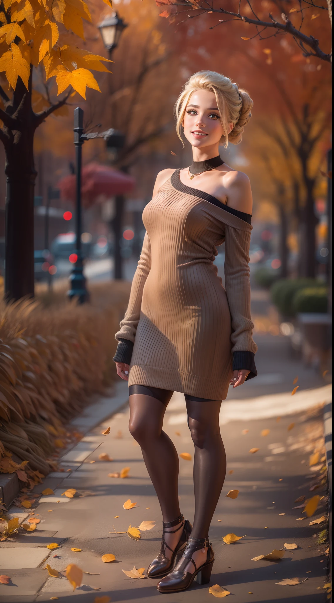 (realistic:1.3), finely detailed, quality, rembrandt lighting, (masterpiece:1.2), (photorealistic:1.2), (best quality), (detailed skin:1.3), (intricate details), dramatic, ray tracing, 1girl, american girl, 21 years old, detailed skin texture, (blush:0.5), (goosebumps:0.5), subsurface scattering, smiling, medium breasts, updo hair, blonde hair, bangs, hair between eyes, edgADC_fashion, knitted wool dress, one-shoulder off, pantyhose, wearing edgADC, (outdoors, new york, autumn setting, autumn leaves, professional street fashion photography),