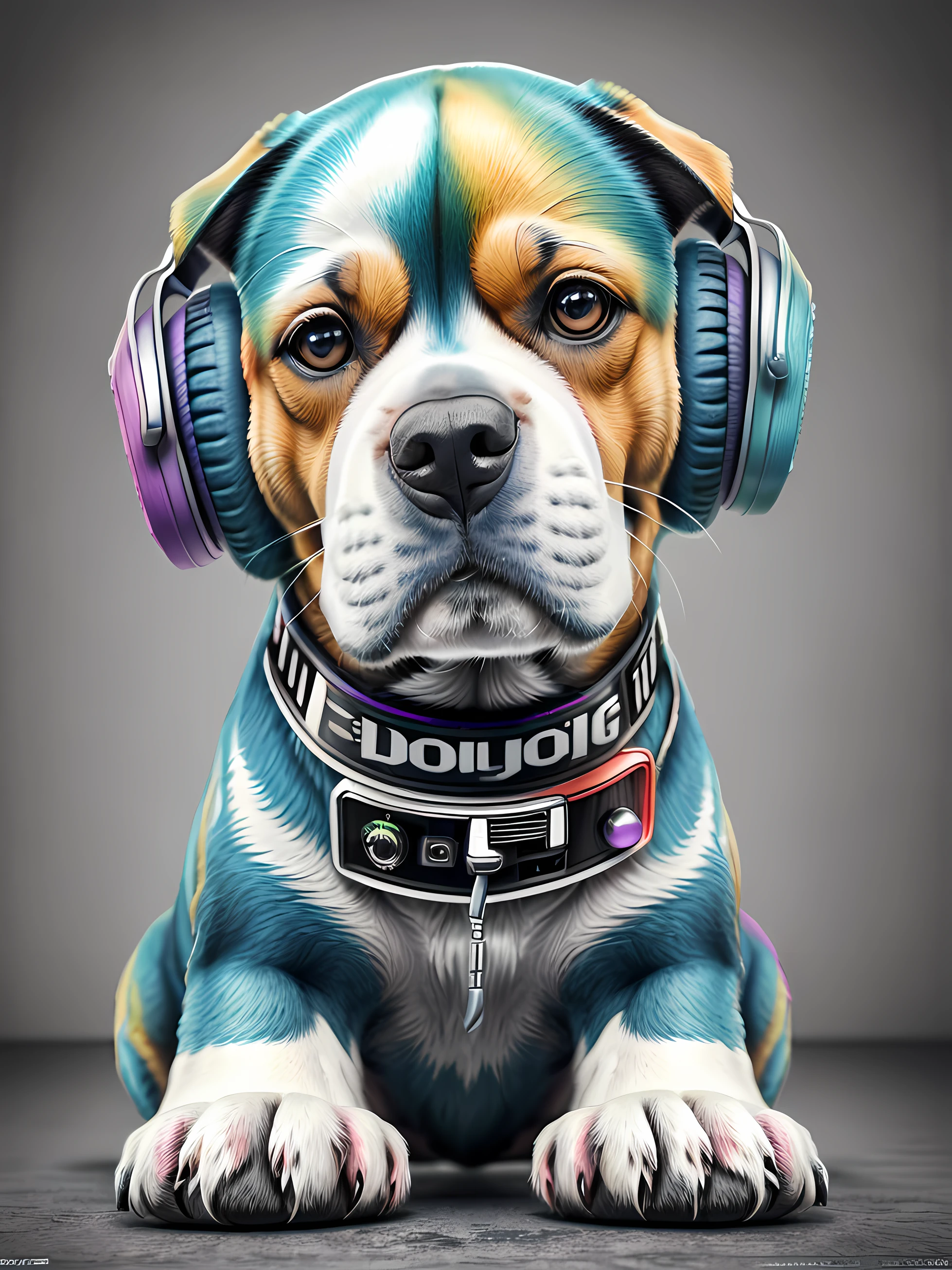 um cachorro  Beagle, pintura estilo 3D aquarela, DJ dog listening to music, DJ Beagle Dog, imagem completa, High resolution high contrast (fotorrealista:1.5), (Foto RAW, 8k UHD,