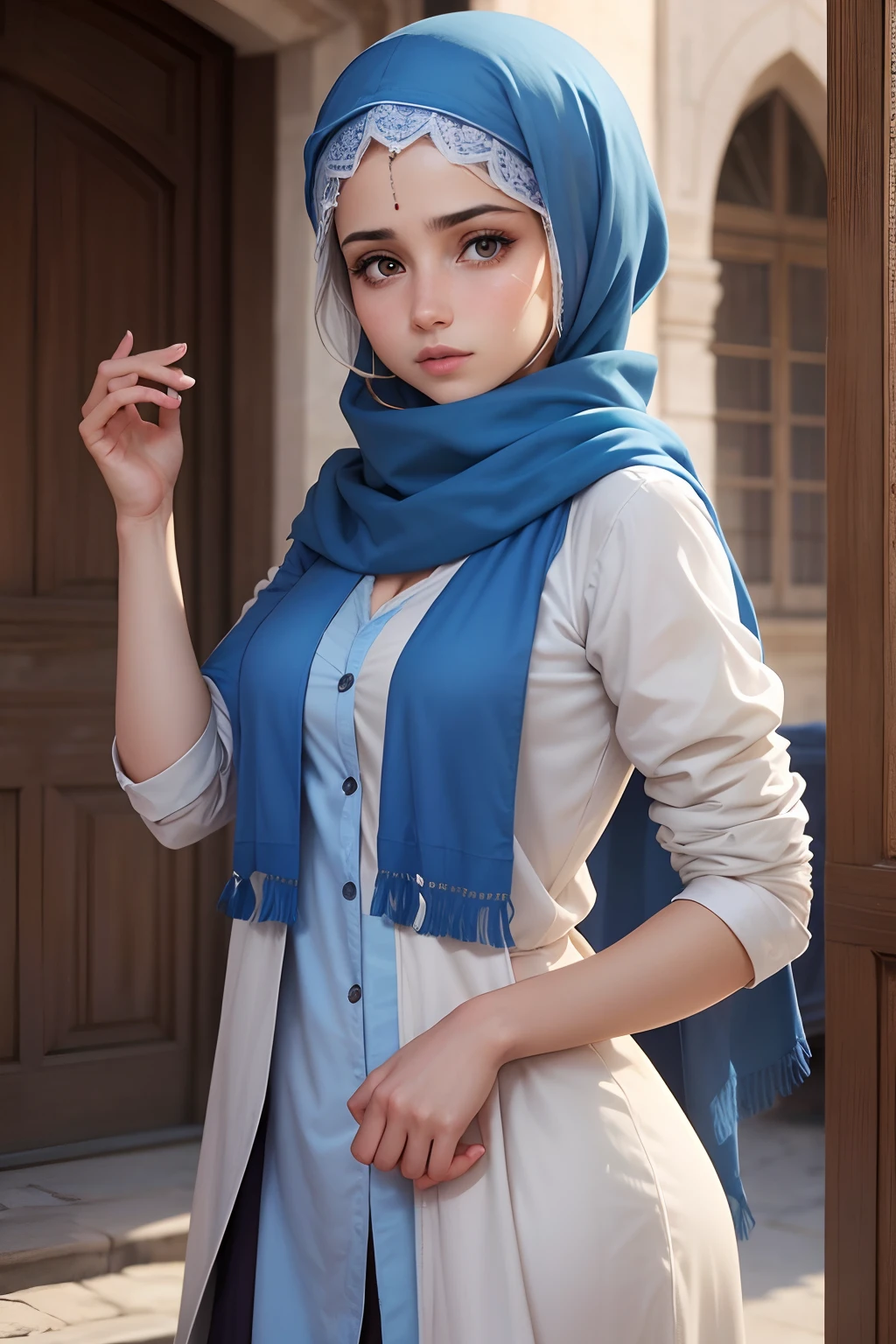 une fille arabe de 23ans portant une hidjab bleu et un foulard bleu