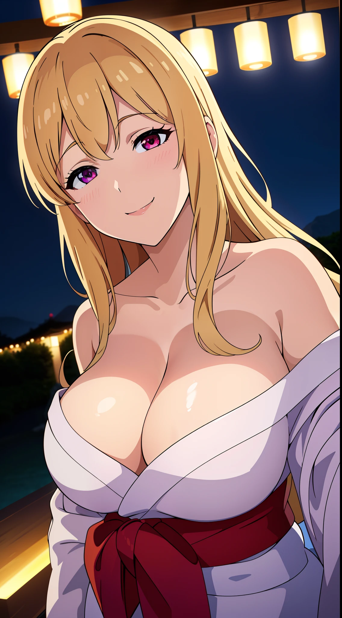 (best quality:1.5, highres, UHD, 4K, detailed lighting, shaders), blonde long hair, large breasts, off shoulder yukata, cleavage, (pov, close shot), smiling, night background