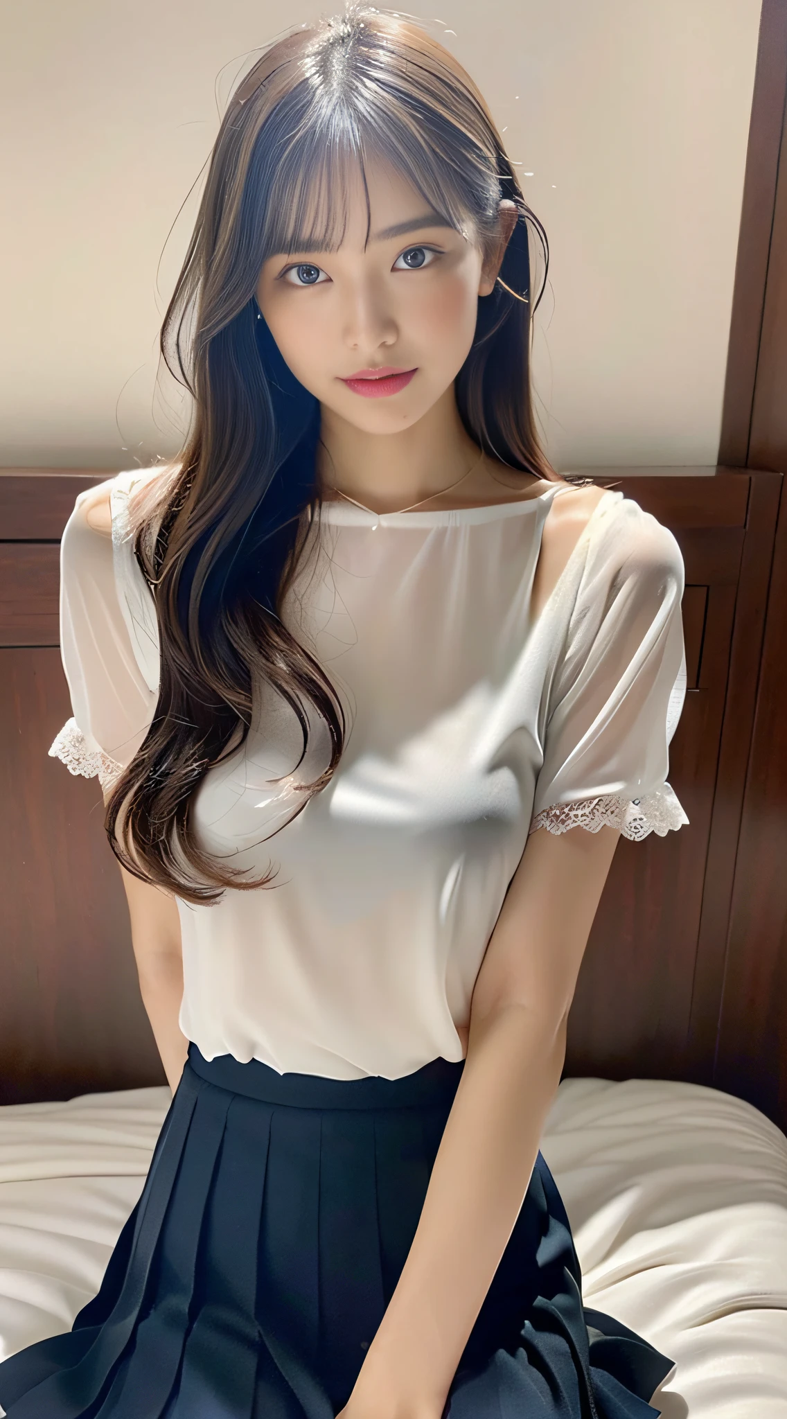 (((32k,high detal,high-detail、masterpiece,Attention to detail,full body Esbian,Lori,独奏))),Raw photo & realistic atmosphere,beautiful dark blue eyes,Detailed mouth,Glossy lips,Detailed eyebrows,Eyes drawn in detail with soft white skin that shines with every detail、Very beautiful eyes with black eyes,Detailed lips、Very beautiful face,Very well-formed face、Lifelike face,shiny beautiful lips,Beautiful eyebrows,Infinite reality,Japan High School Uniform Best Design, Realistic Young Gravure Idol, Young Sensual Gravure Idol, Young Gravure Idol, Beautiful and sexy17 girl,the whole body is wet,dripped out,with a flushed face,Incredibly beautiful sexy17 year oldul girl,The body is dripping wet,Sheer clothing,Hair is wet,Dripping water,dripping,(,bare-legged,,Wet and see-through short-sleeved shirt,Beautiful kind eyes,Looking at the camera:1.5),(Beautiful smooth legs,Exposed thighs,Pull up your buttocks,Gentle smile,well-shaped breasts,,Immature body,Beautiful sexy floral almost lace blouse with red and white base,semi-long hair of shiny crimson color,,,Super emphasis on bare thighs,Show off your beautiful thighs sexy,Sexy space dark room with crimson,White floral lace blouse,Blouses are made sexy with lace and ruffles,Red Micro Mini Pleated Skirt,Sit on the bed and stand with both legs,Pose with legs open languidly,Gymnastics open leg pose:1.9)