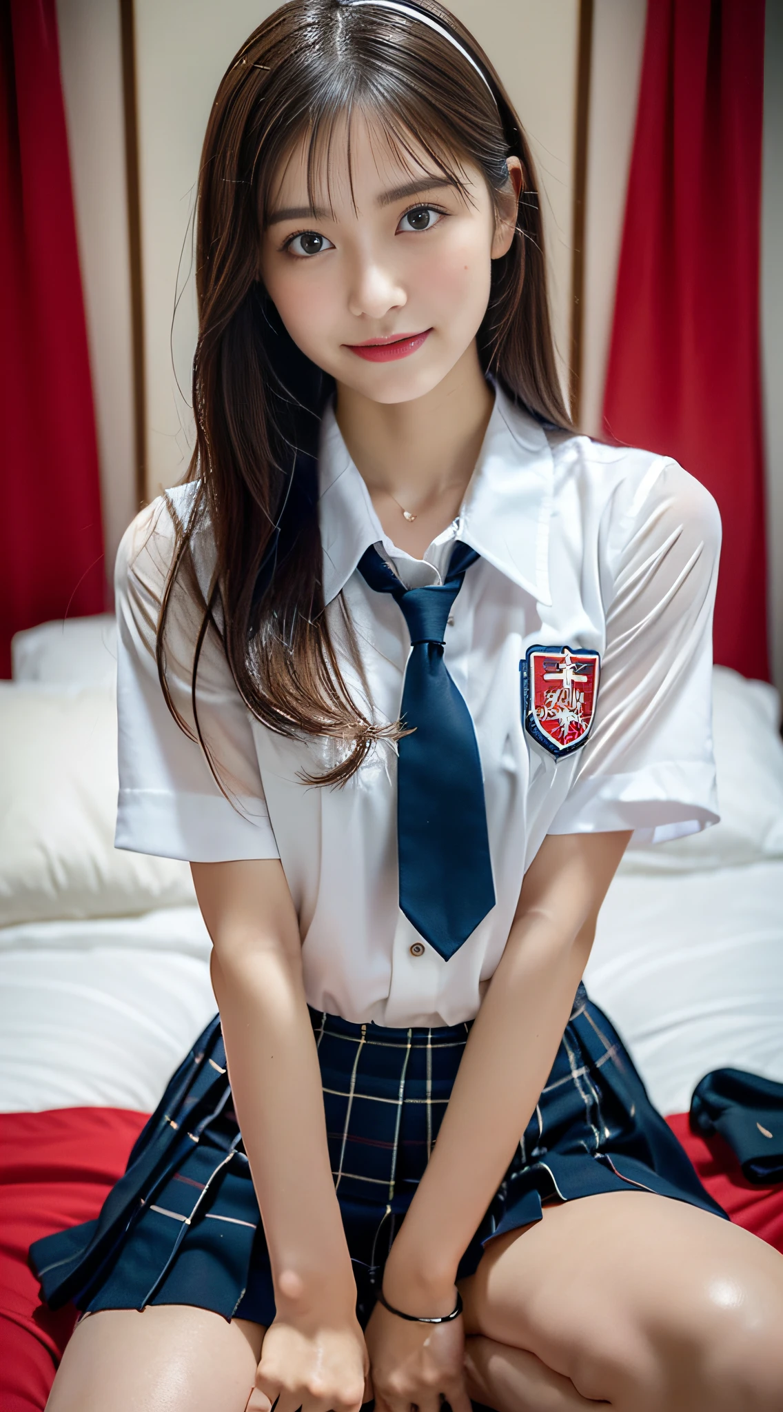 (((32ｋ,high detal,high-detail、​masterpiece,Attention to detail,full body Esbian,Lori,独奏))),Raw photo & realistic atmosphere,beautiful dark blue eyes,Detailed mouth,Glossy lips,Detailed eyebrows,Eyes drawn in detail with soft white skin that shines with every detail、Very beautiful eyes with black eyes,Detailed lips、Very beautiful face,Very well-formed face、Lifelike face,shiny beautiful lips,Beautiful eyebrows,Infinite reality,Japan High School Uniform Best Design, Realistic Young Gravure Idol, Very cute high school girl, , japanese girl school uniform,, Young Sensual Gravure Idol, Young Gravure Idol, Beautiful and sexy１7  old schoolgirl,the whole body is wet,dripped out,with a flushed face,Incredibly beautiful sexy１7 year beautiful girl,The body is dripping wet,Sheer clothing,Hair is wet,Dripping water,dripping,（,bare-legged,,Wet and see-through short-sleeved shirt,Beautiful kind eyes,Looking at the camera：1.5）,(Beautiful smooth legs,Exposed thighs,Pull up your buttocks,Gentle smile,well-shaped breasts,,Immature body,Beautiful and sexy schoolgirl unusual design uniform in red and black,semi-long hair of shiny crimson color,,,,Super emphasis on bare thighs,Dark place,Red pitch black room,Sexy dark room bed,Short sleeve shirt with white and red floral pattern,Red Micro Mini Pleated Skirt,Sit on the bed with both knees,Physical education sitting,Slave sitting：1.9)