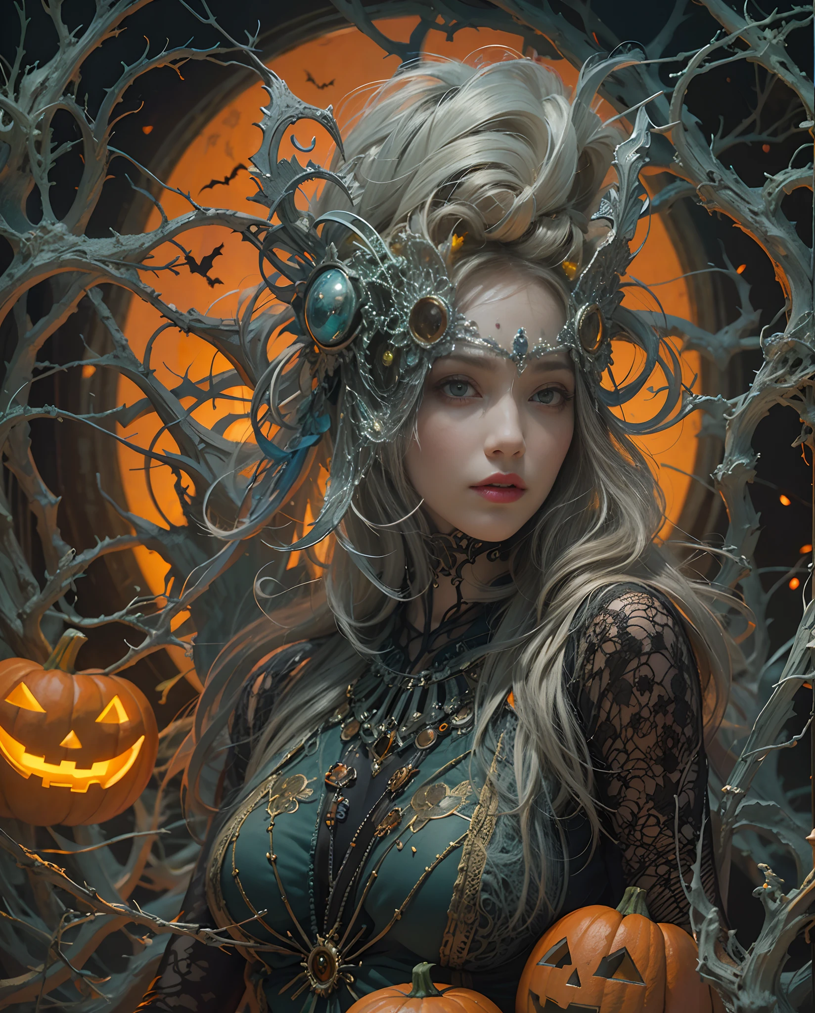 Best quality, masterpiece, meticulous details, intricate detail, realistic, a hot futuristic lady amidst spooky halloween vibes