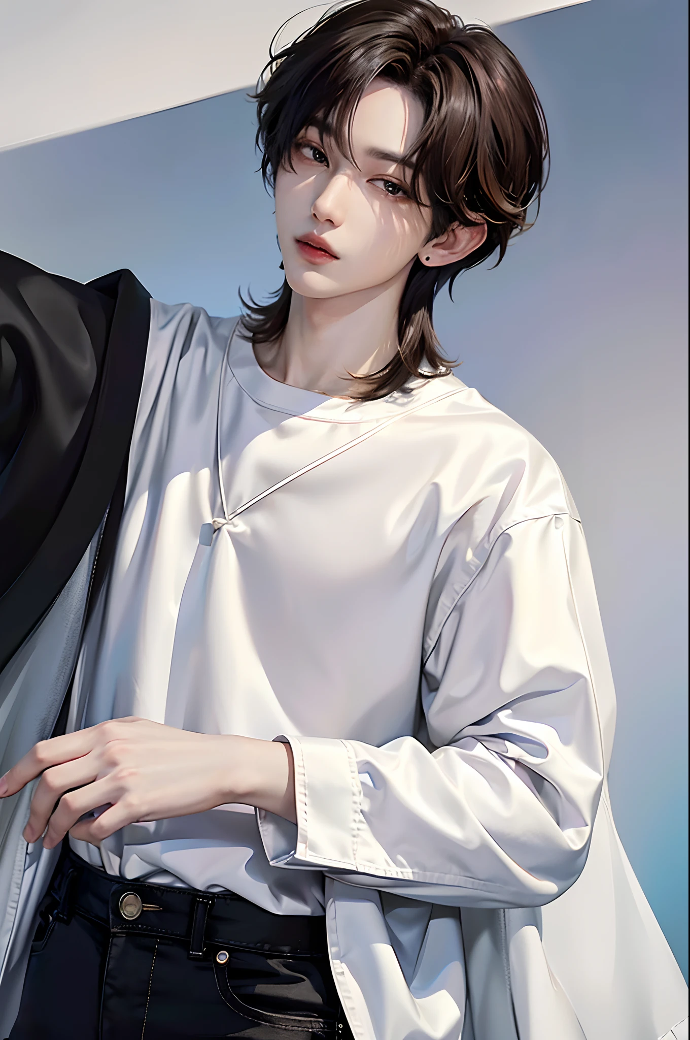 masterpiece、top-quality)、One Manly Boy、Slim body、((White Y-shirt and long black pants:1.1))、(Detailed beautiful eyes)、In the Han River、Face similar to Chaewon in Le Selefim、((short hair above the ears))、((Smaller face))、((Neutral face))、((Light brown eyes))、((Korean boy))、((18year old))、((Handsome man))、((Wild look))、((Korean Makeup))、((elongated and sharp eyes))、((Happy dating))、((He is walking in front of the viewer))、((shot from a side angle))
