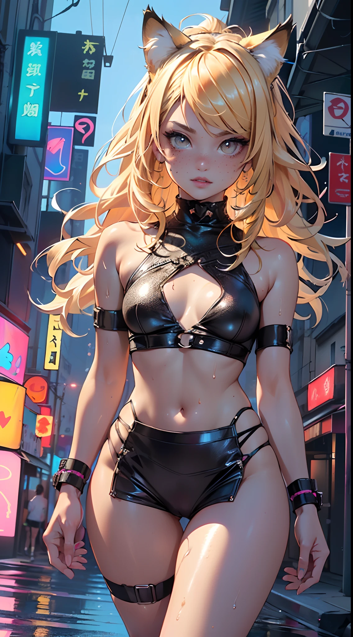 cute little cat loli,(((little loli,small tiny body,petite, chibi))),(((6 ))),((little cat loli with extremely cute and beautiful blonde hair)),(((cat girl,anthro furry cute,cat-girl))),(((cat ears,cat ears on head,big cat ears))),

(((flat chest))),(((blonde hair:1.35,messy blonde hair,colored inner hair,ear breathing,))),((heterochromia:1.5, (orange_eye and yellow_eye))),intricate eyes,beautiful detailed eyes,symmetrical eyes,big eyes:1.5,(((freckles on the face,freckles,freckled girl))),(((lustrous skin:1.5,bright skin: 1.5,skin tanned,shiny skin,very shiny skin,shiny body,plastic glitter skin,exaggerated shiny skin,illuminated skin,wet legs))),(detailed body,(detailed face)),

cute,slutty,erotic,(((nsfw))),

zettai ryouiki,revealing clothing,show skin,((rave shirt,neon shirt,rave mini-skirt,visible thong straps)),(wearing a rave outfit:1.3,rave clothes,semi-naked,with little clothing),((wet clothes,intricate outfit,intricate clothes)),

(dynamic pose:1.0),embarrassed,(centered,scale to fit dimensions,Rule of thirds),

cyberpunk city by the ocean at night, with bright neon signs and dark stormy clouds and puddles, scenery:1.25,

artistic photography,(photography taken by sldr),highres, sharp focus, (ultra detailed, extremely detailed), (photorealistic artwork:1.37),(extremely detailed CG unity 8k wallpaper),((synthwave background theme)),(((vibrant colors))),(intricate background),(masterpiece),(best quality)