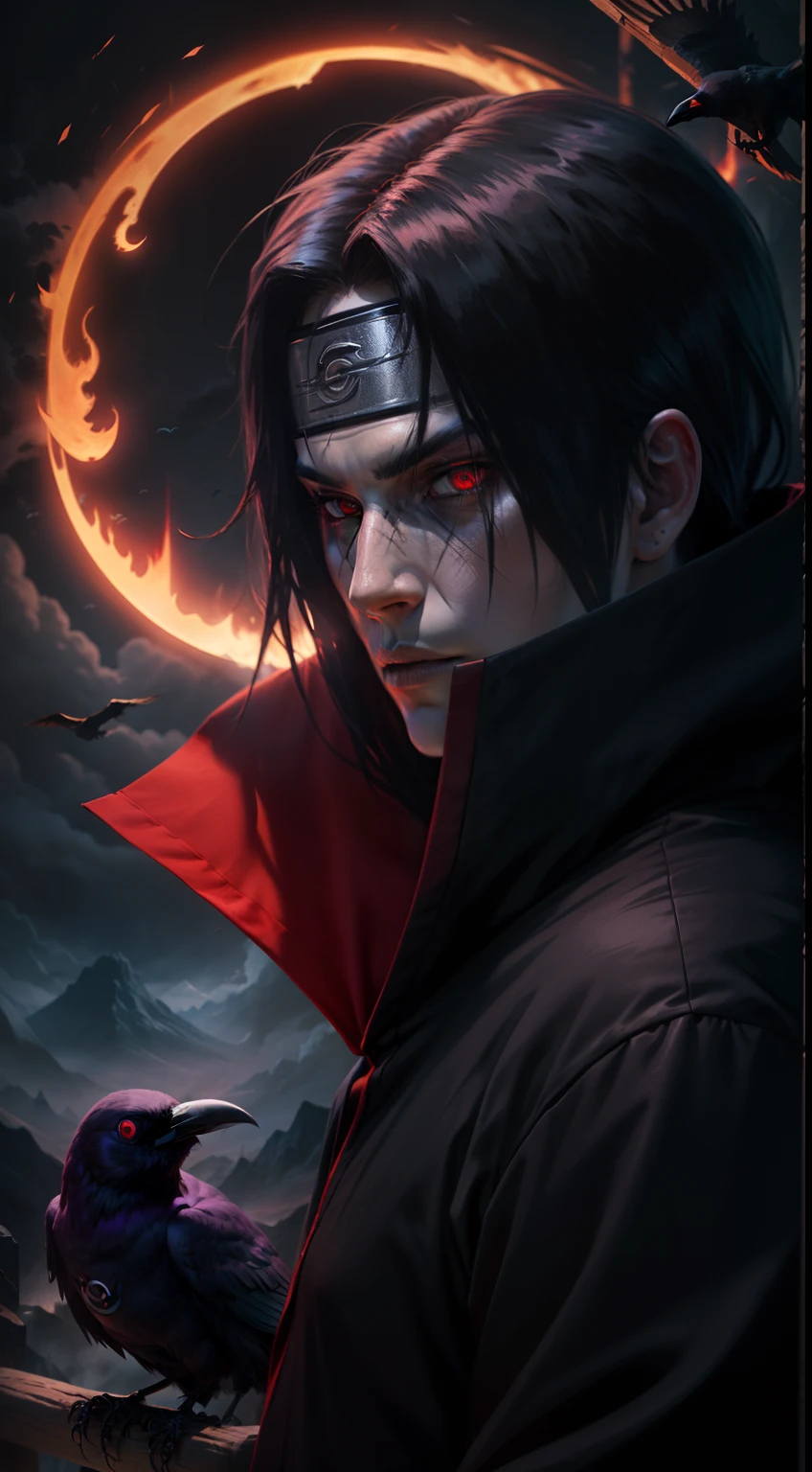 Itachi Uchiha, darkness envelops him, flaming Sharingan eyes, a raven by his side, hidden powers awaken, black flames consuming everything, an 8k vision revealing all the dark details.