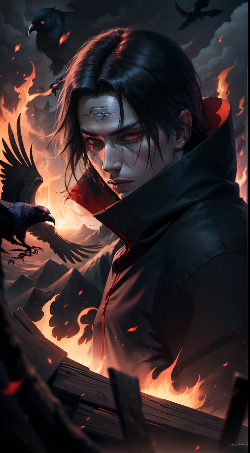 Itachi Uchiha, darkness envelops him, flaming Sharingan eyes, a raven by his side, hidden powers awaken, black flames consuming everything, an 8k vision revealing all the dark details.