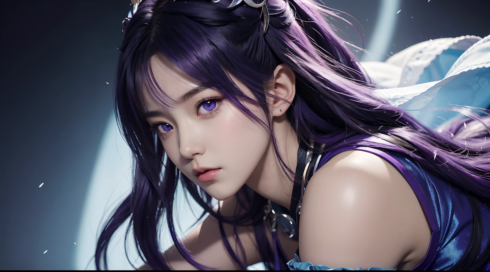 anime girl with purple hair and purple eyes posing for a photo, hestia, ayaka genshin, blue cloth covering her chest, extremely detailed artgerm, zodiac girl portrait, tsuaii, zerochan art, by Kamagurka, azure. detailed hair, artgerm on artstation pixiv, smooth anime cg art