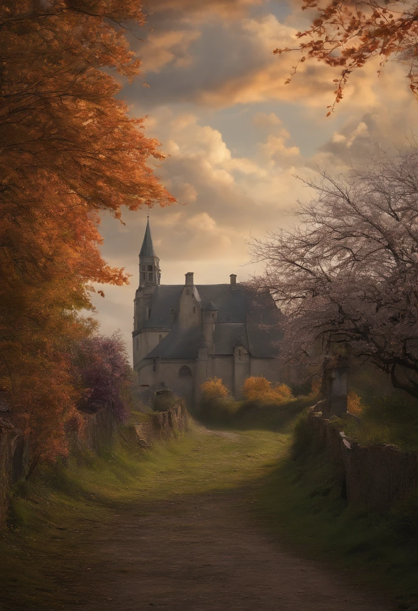 ((Ultra-realistic detail.) (Masterpiece, premier quality, Best quality, Art officiel, Beauty and aesthetics: 1.2), Very detailed, colourfull, Most Detailed, Branches, buildings, barbed wire, Cerisiers, Fences, cheveux longs, outdoor, petals, paysage, Pluie, arbres, ciel, rue, real