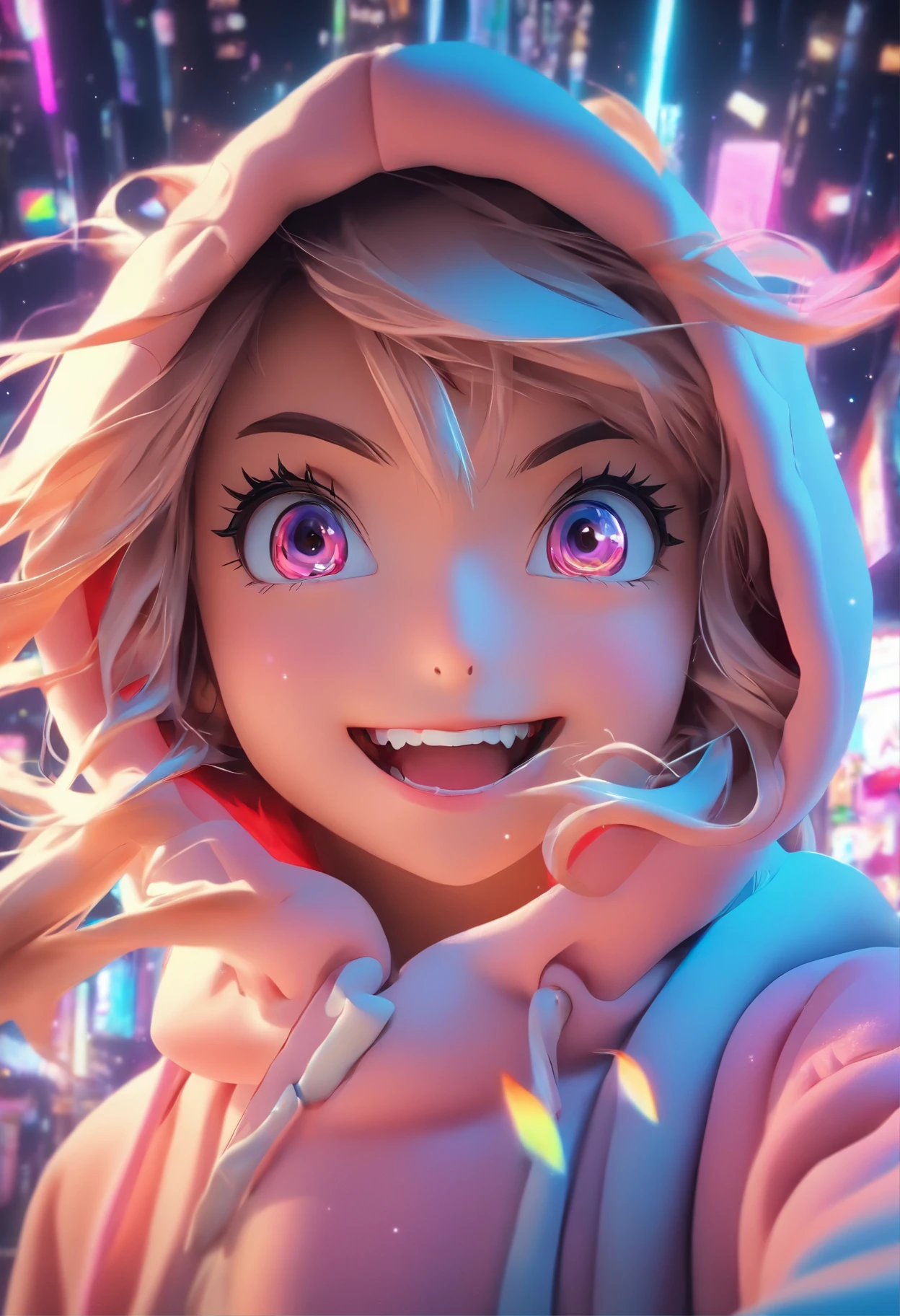 Top quality.。.。.。.3D.Masterpiece, high resolution, 8K, Hoodie and anime style girl, One girl, detailed line art, Digital enhancement, Close up, Anime core, Flowing fabric,Grimacing,Big eyes cute